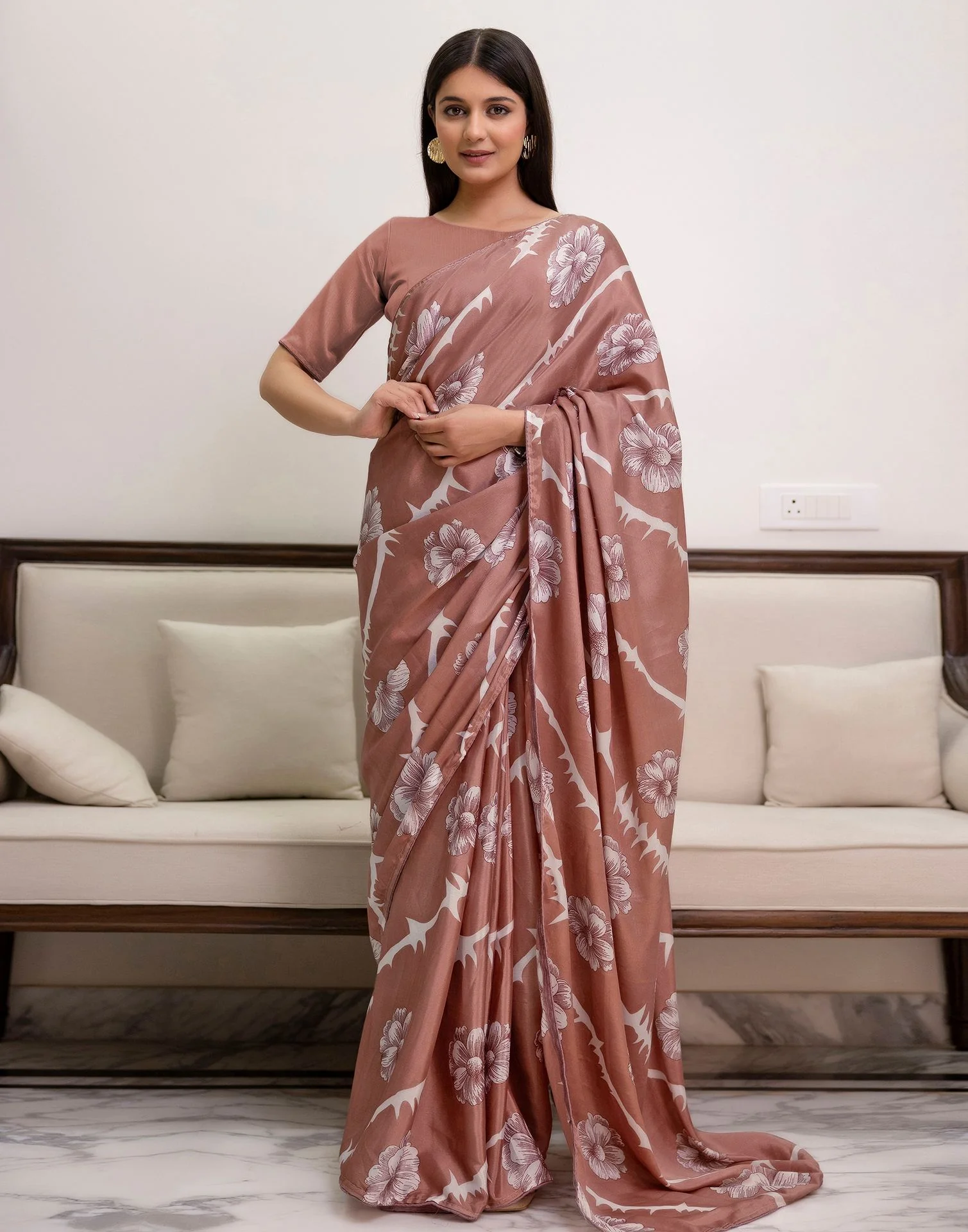 Ready To Wear Dusty Rose Pink Chinnon Floral Printed Saree - Image 2