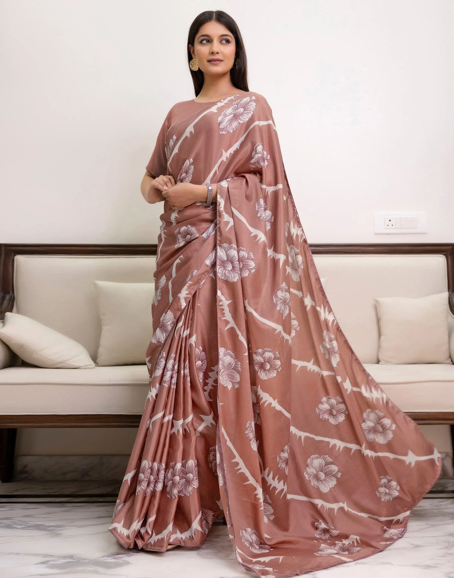 Ready To Wear Dusty Rose Pink Chinnon Floral Printed Saree - Image 6