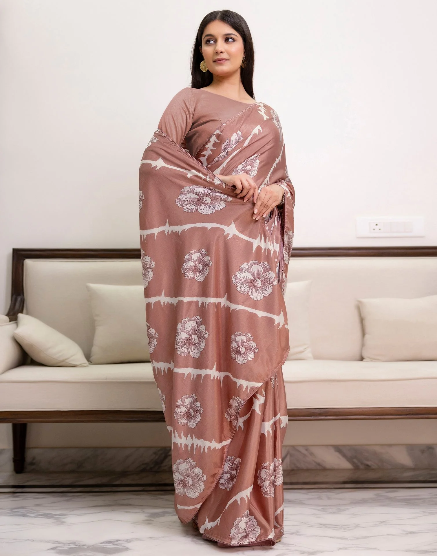 Ready To Wear Dusty Rose Pink Chinnon Floral Printed Saree - Image 7