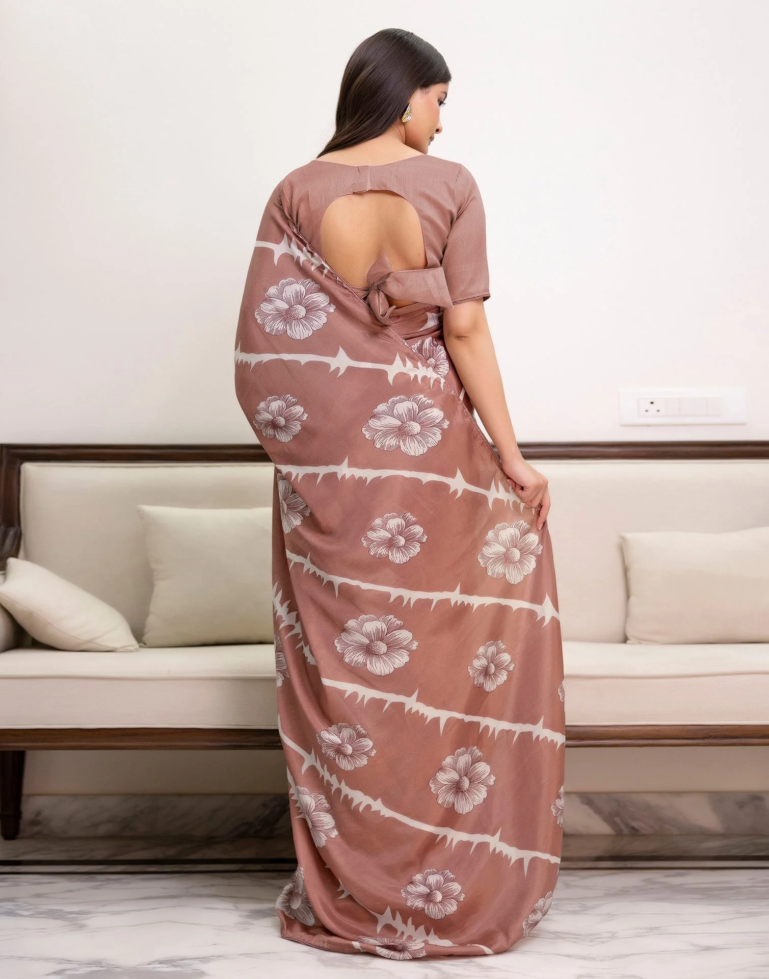 Ready To Wear Dusty Rose Pink Chinnon Floral Printed Saree - Image 8