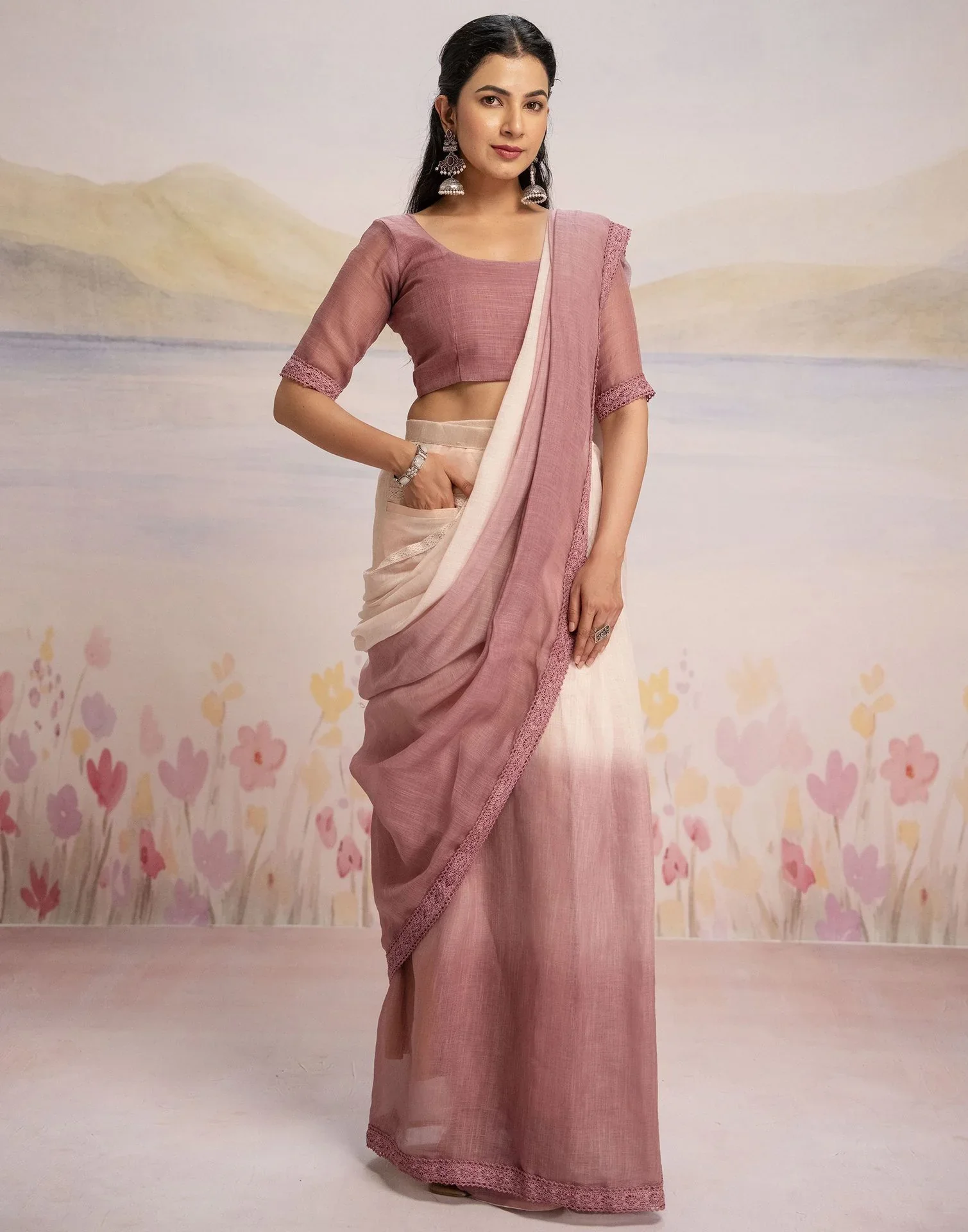 Ready To Wear Dusty Rose Pink Linen Ombre Lace Saree With Pocket - Image 3