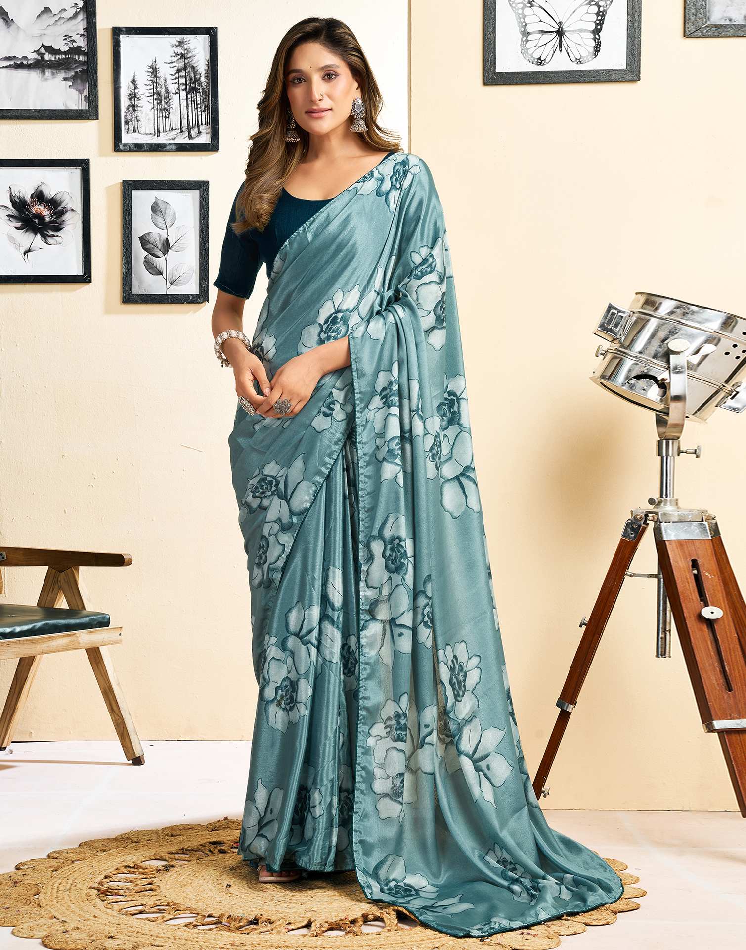 Ready To Wear Dusty Teal Blue Chinnon Floral Printed Saree - Image 2