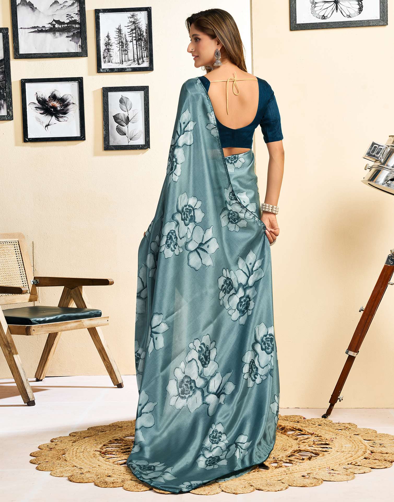 Ready To Wear Dusty Teal Blue Chinnon Floral Printed Saree - Image 7