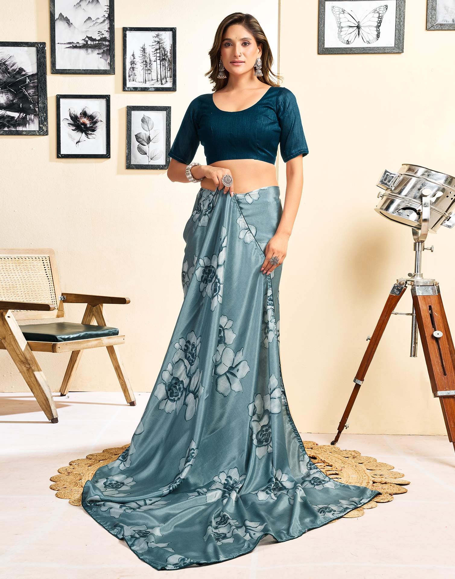 Ready To Wear Dusty Teal Blue Chinnon Floral Printed Saree - Image 8