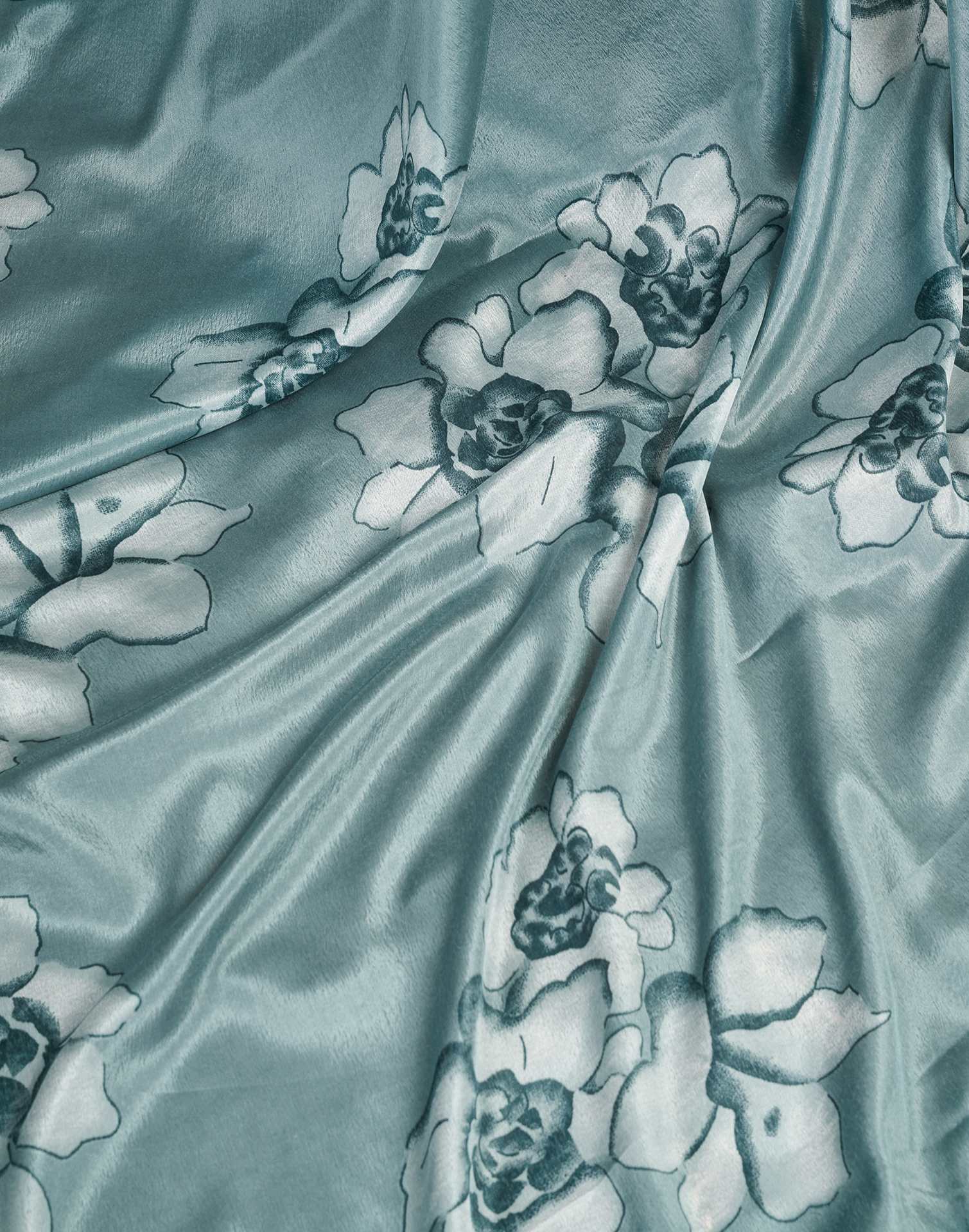 Ready To Wear Dusty Teal Blue Chinnon Floral Printed Saree - Image 9