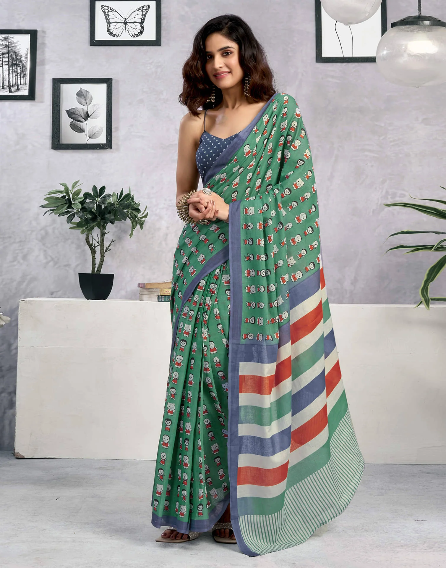 Ready To Wear Dusty Teal Green Cotton Printed Saree - Image 2