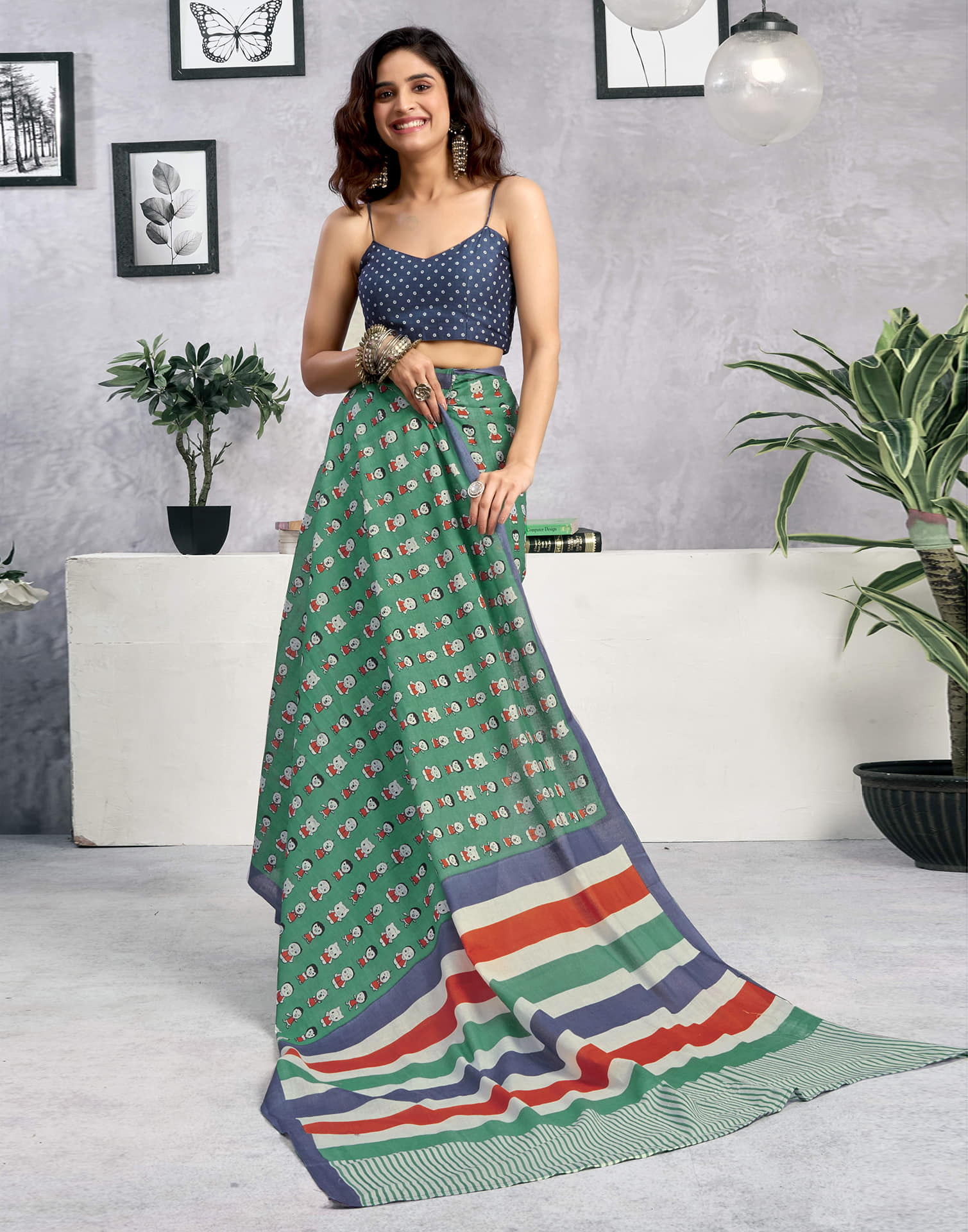 Ready To Wear Dusty Teal Green Cotton Printed Saree - Image 5
