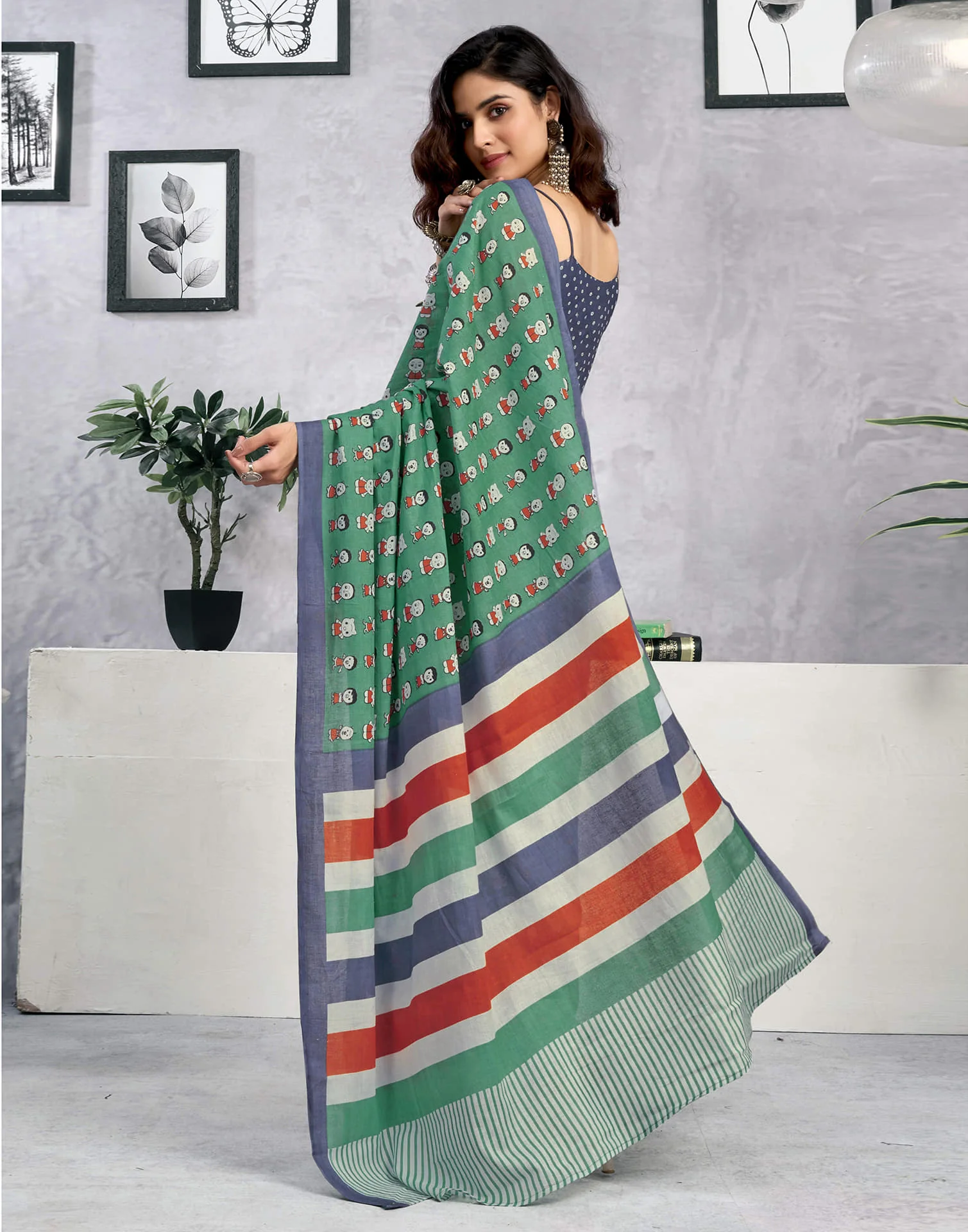 Ready To Wear Dusty Teal Green Cotton Printed Saree - Image 8