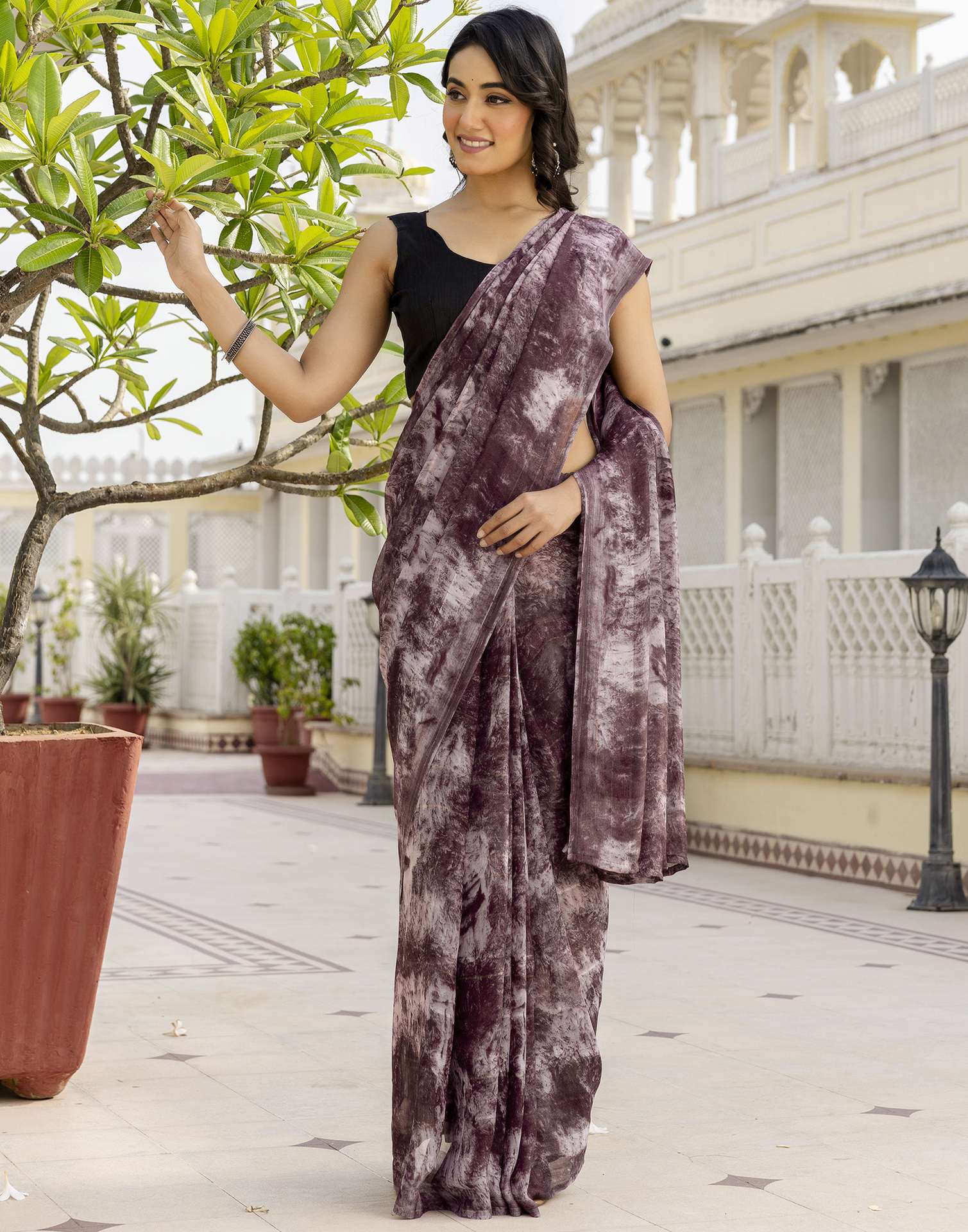 Ready To Wear Dusty Wine Georgette Printed Saree - Image 7