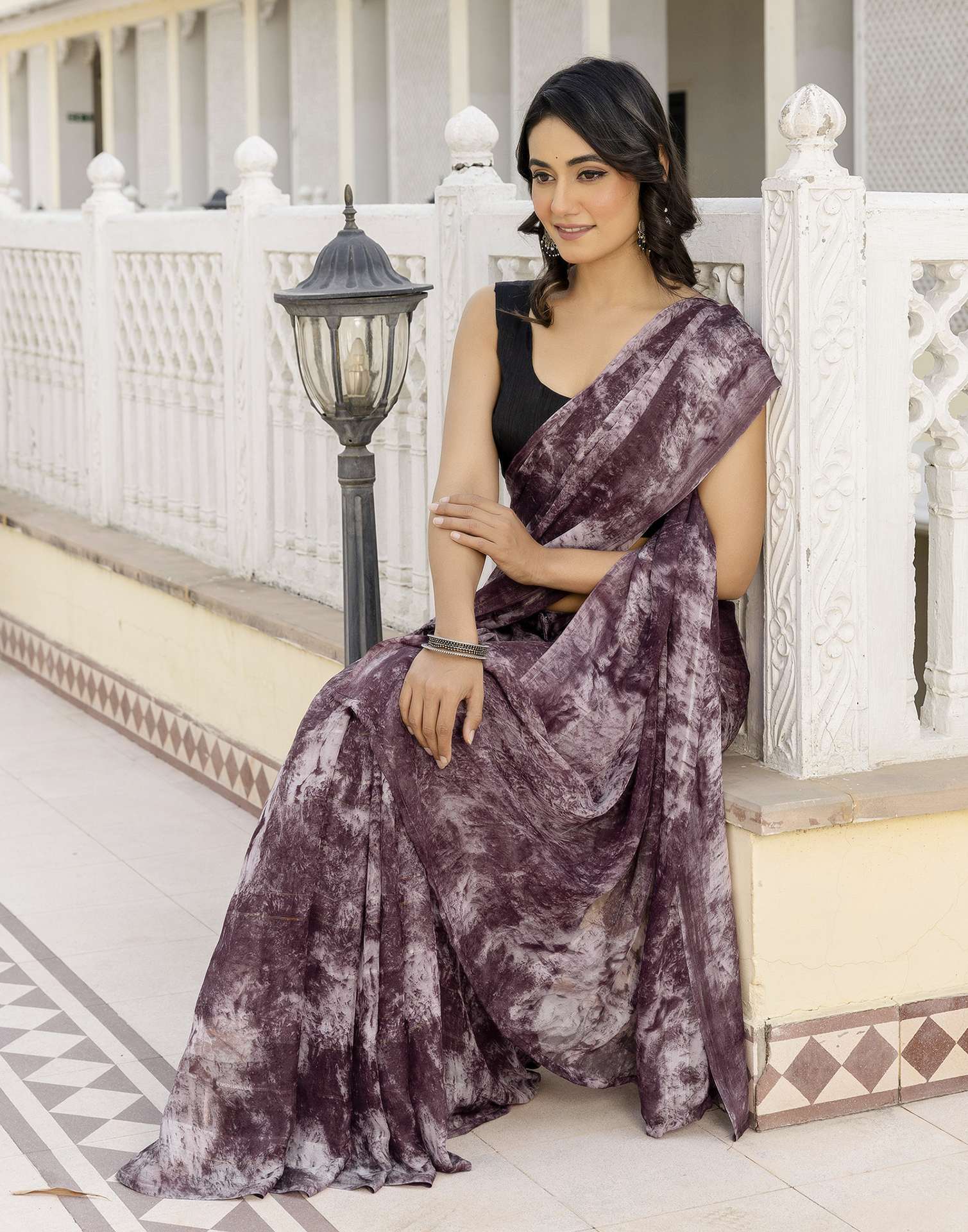 Ready To Wear Dusty Wine Georgette Printed Saree - Image 9
