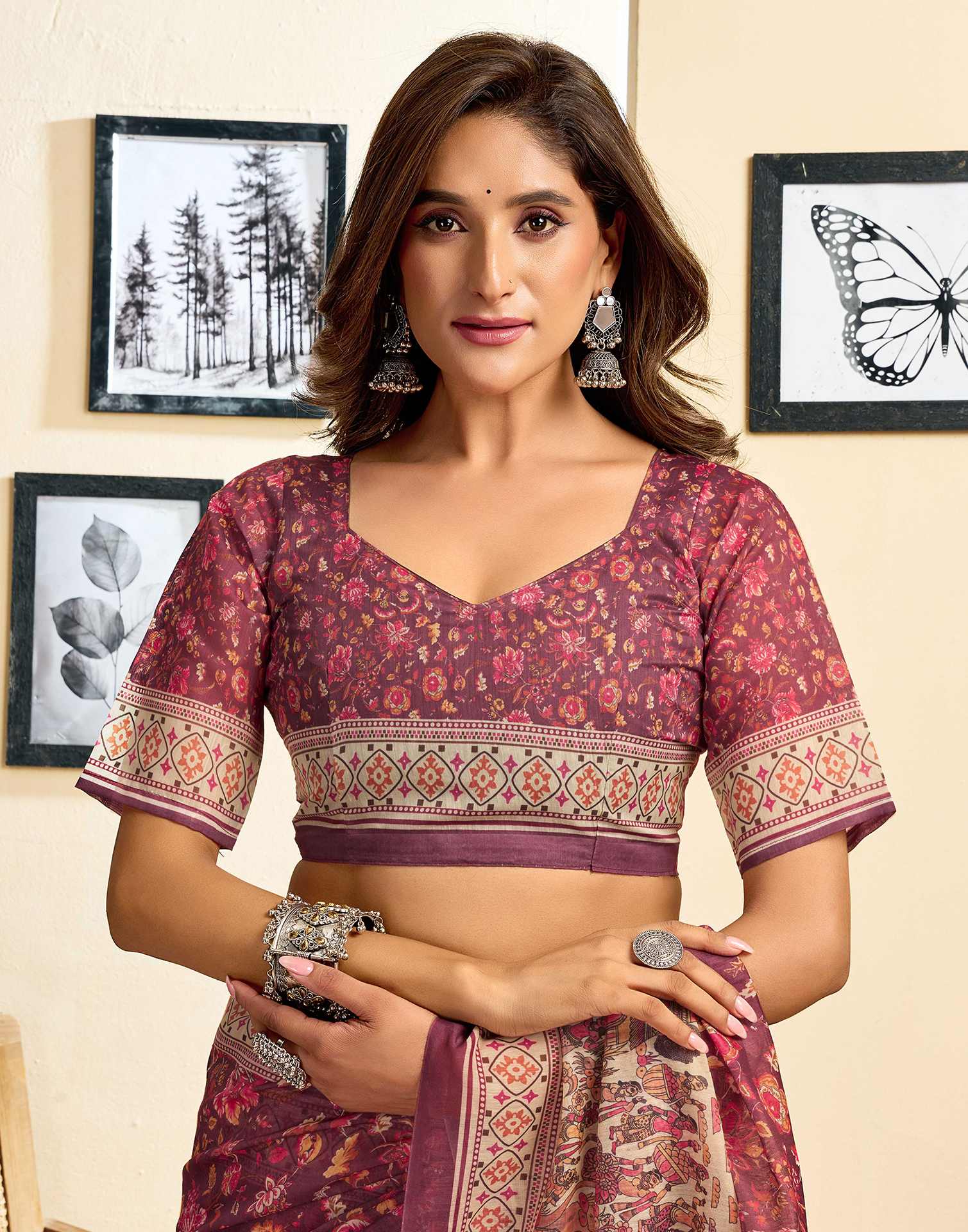 Ready To Wear Dusty Wine Linen Floral Printed Saree - Image 10