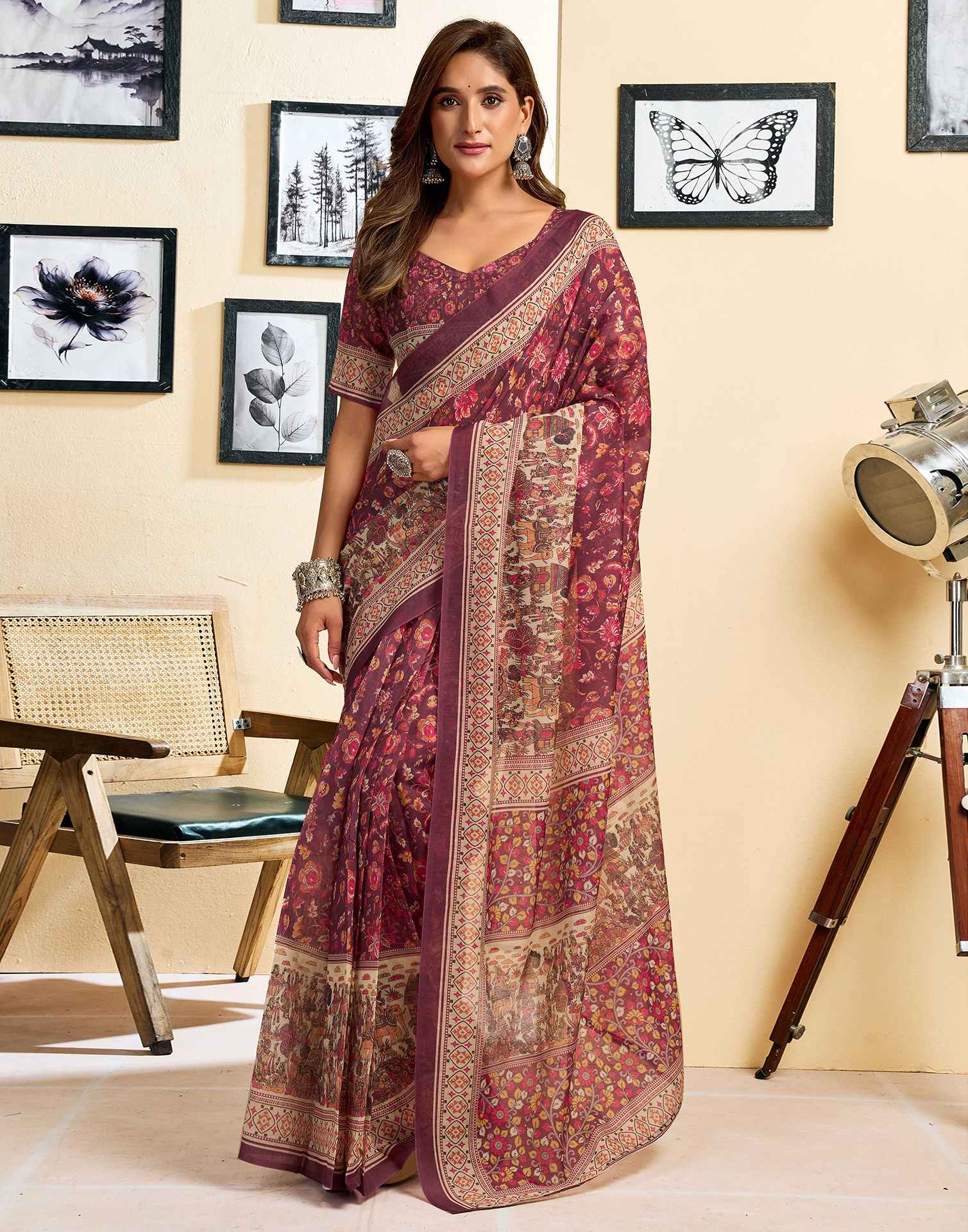 Ready To Wear Dusty Wine Linen Floral Printed Saree - Image 3