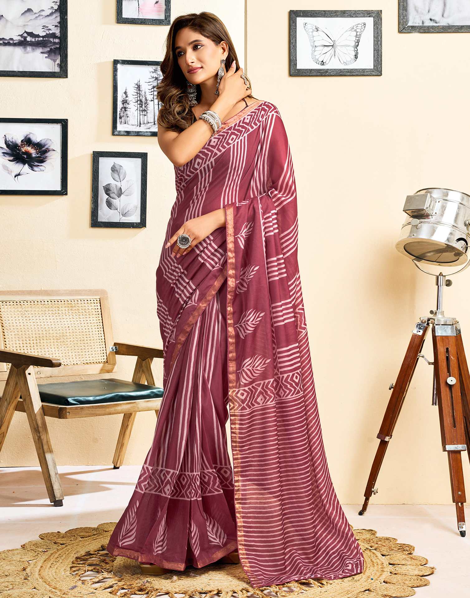 Ready To Wear Dusty Wine Linen Printed Saree - Image 5