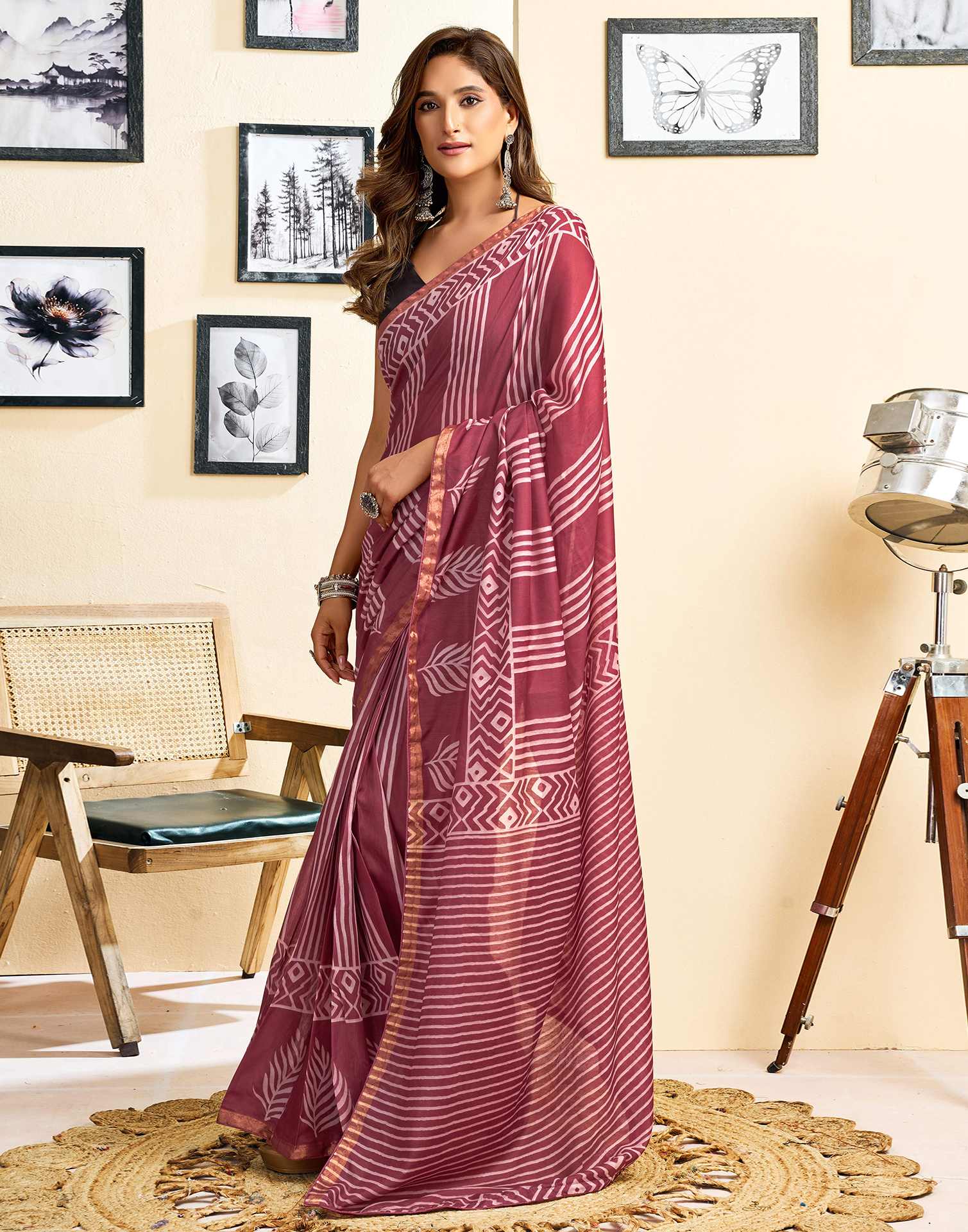 Ready To Wear Dusty Wine Linen Printed Saree - Image 6