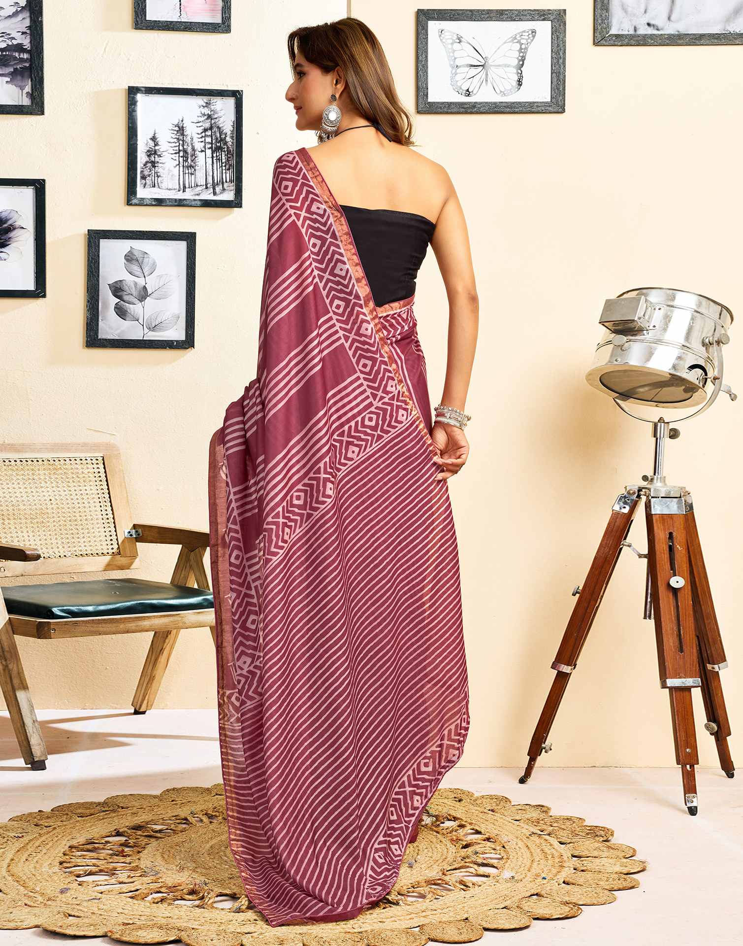 Ready To Wear Dusty Wine Linen Printed Saree - Image 8