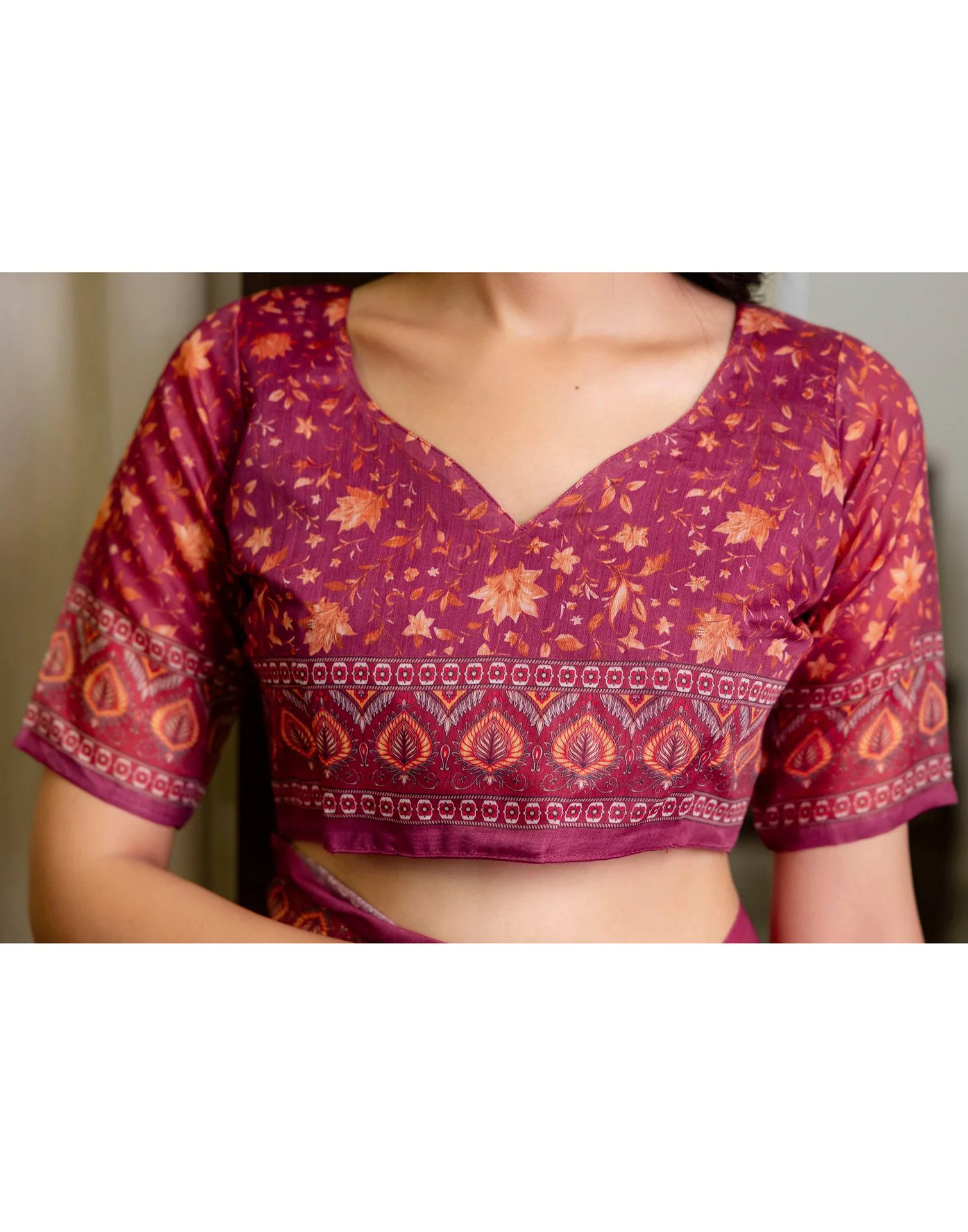 Ready To Wear Dusty Wine Linen Printed Saree - Image 12