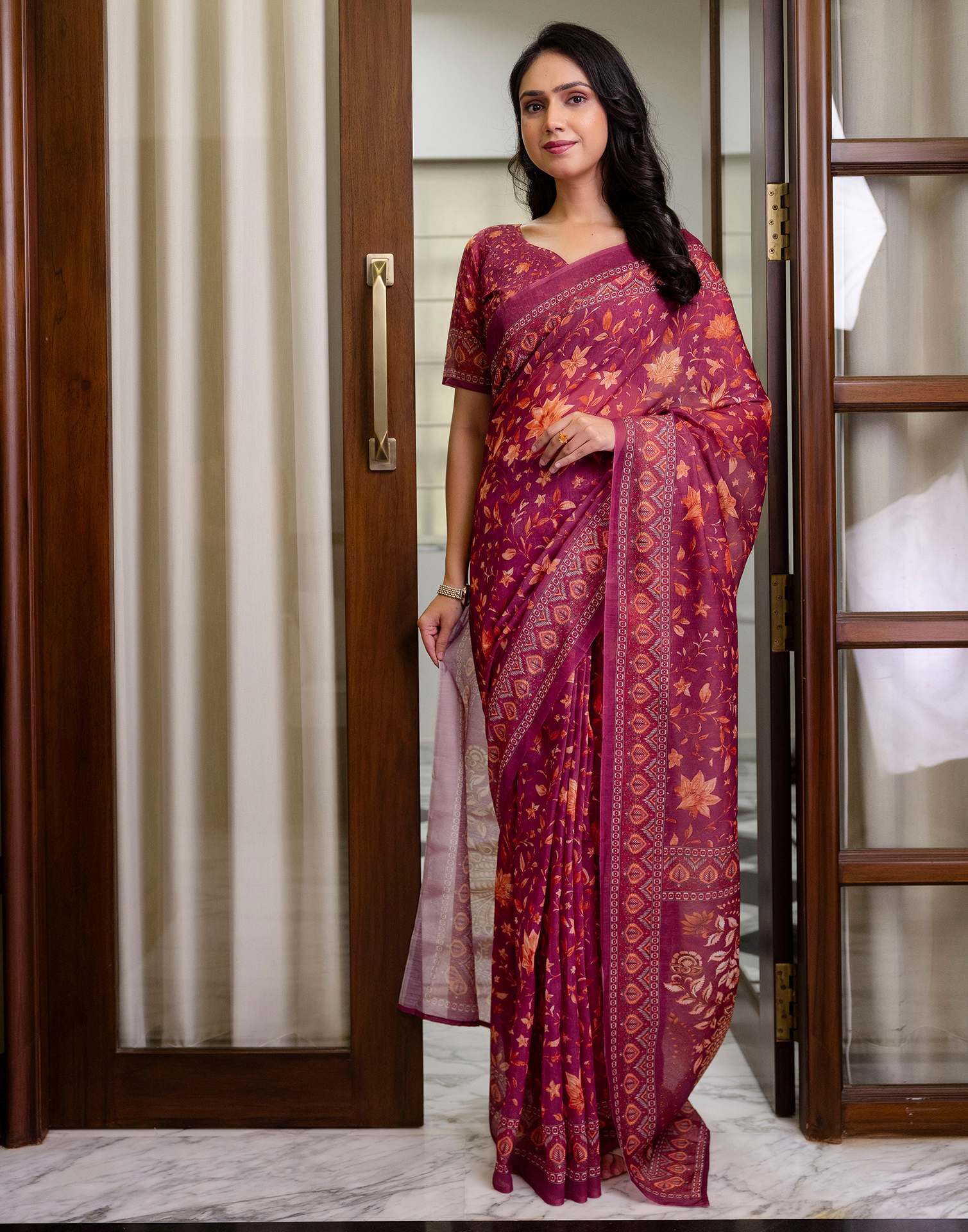 Ready To Wear Dusty Wine Linen Printed Saree - Image 6