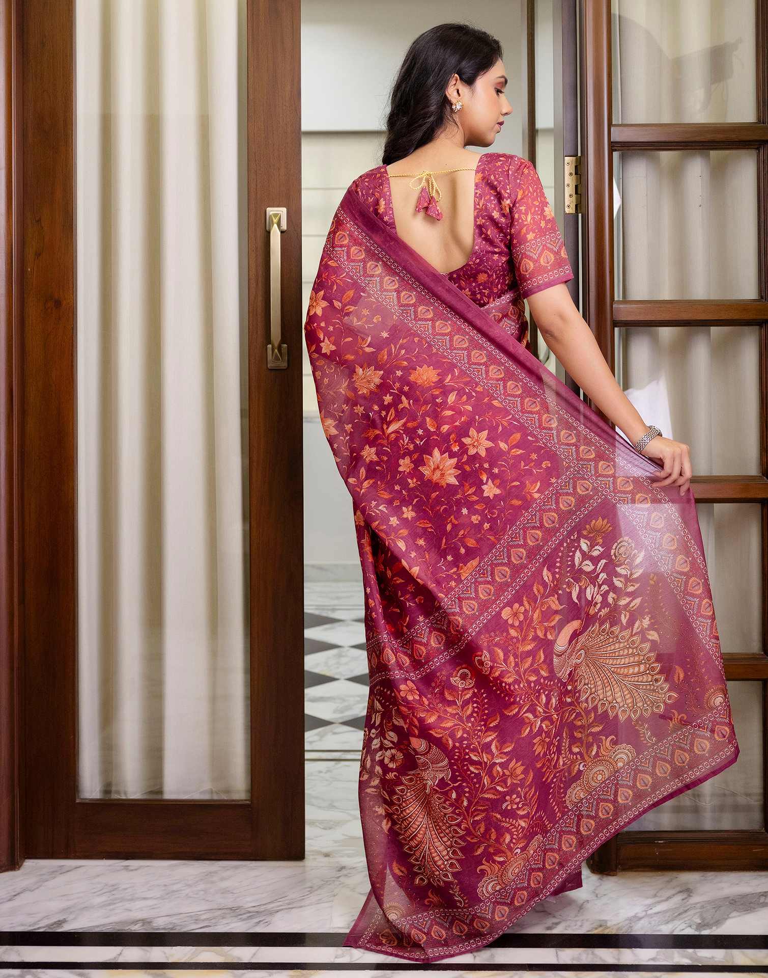 Ready To Wear Dusty Wine Linen Printed Saree - Image 8