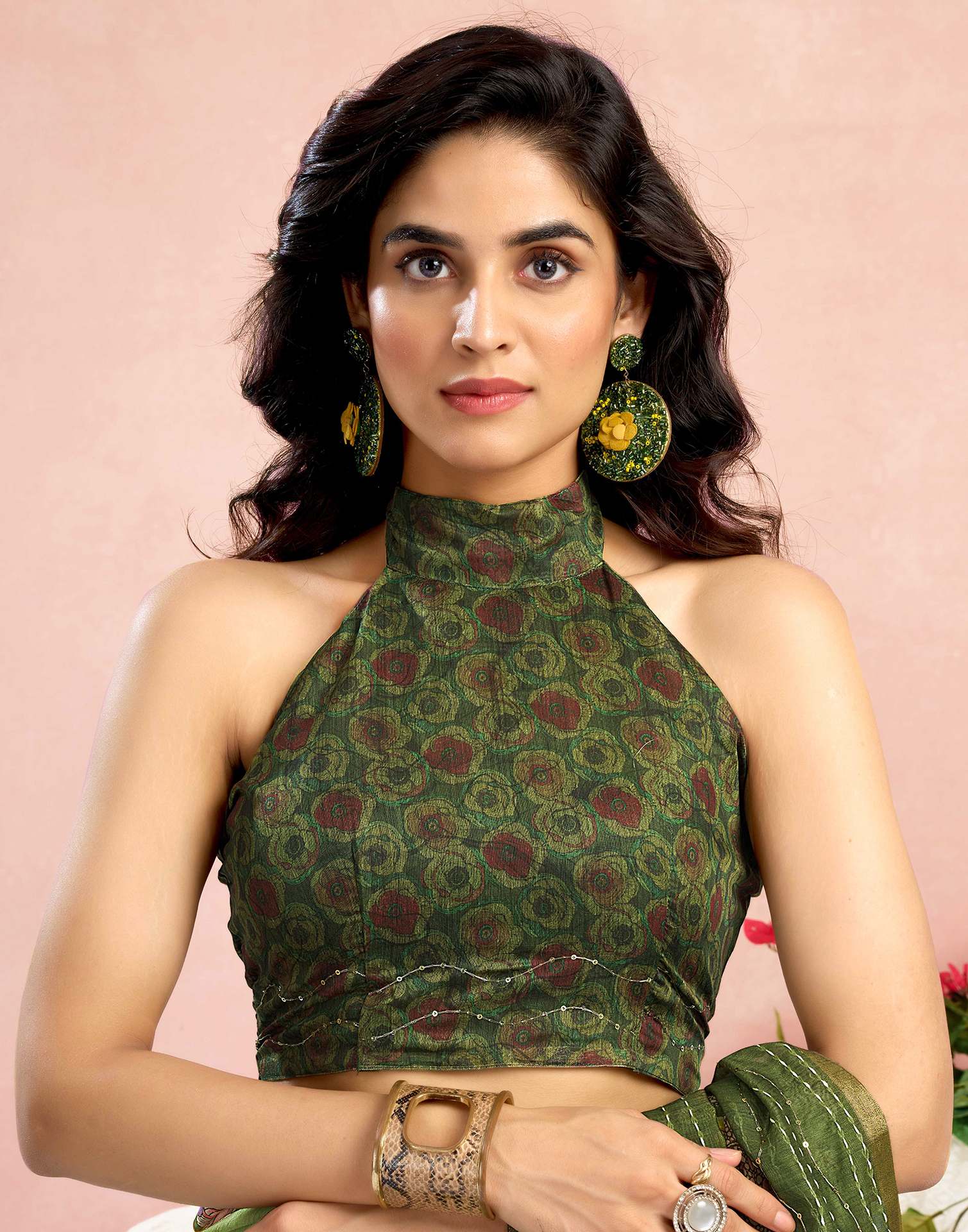 Ready To Wear Green Chanderi Embroidery Floral Printed Saree - Image 10