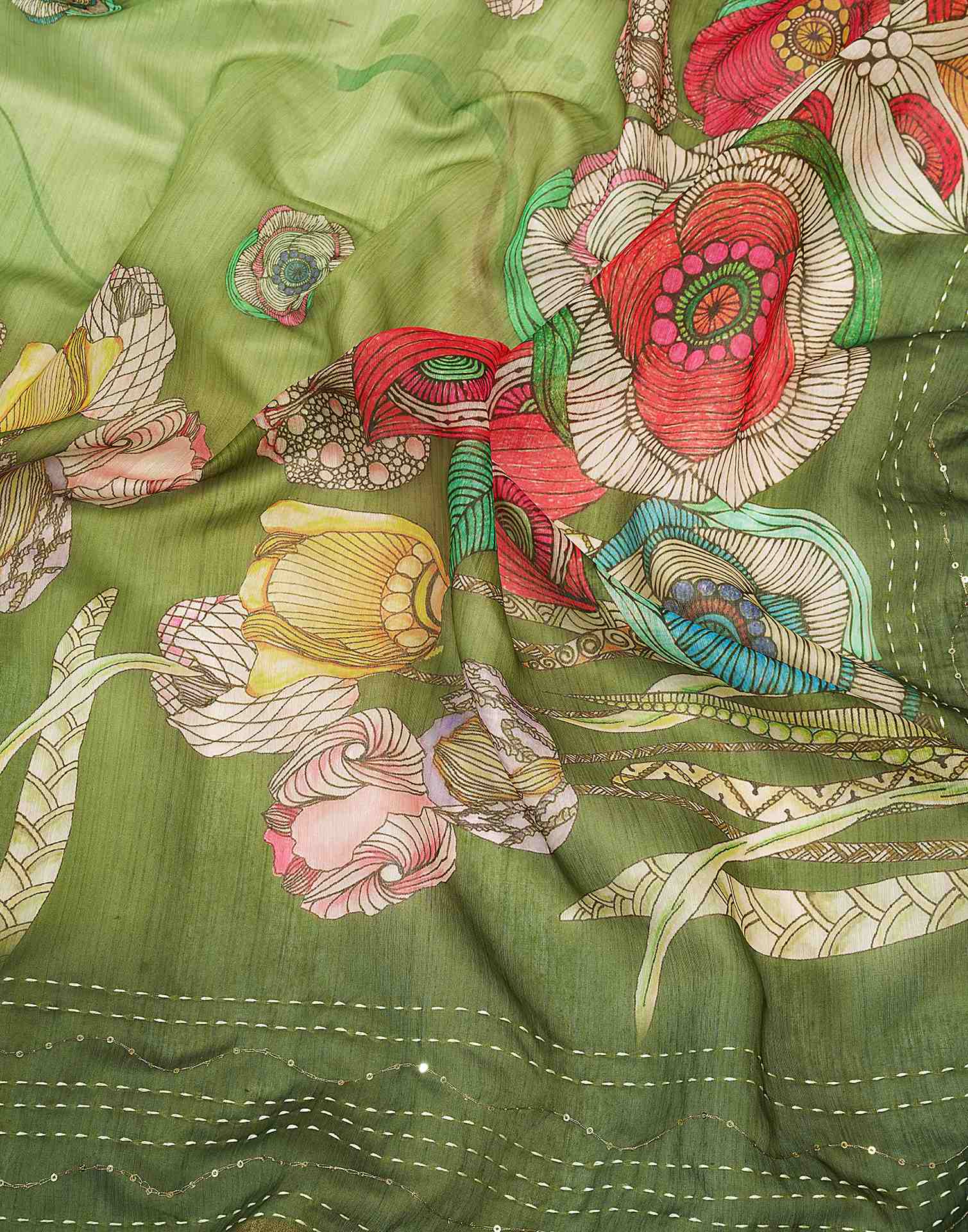 Ready To Wear Green Chanderi Embroidery Floral Printed Saree - Image 12