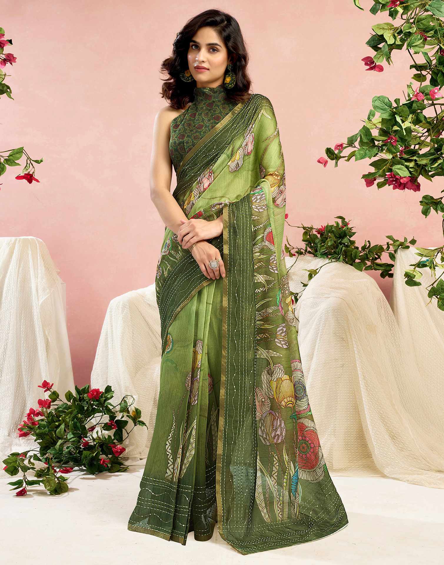 Ready To Wear Green Chanderi Embroidery Floral Printed Saree - Image 2