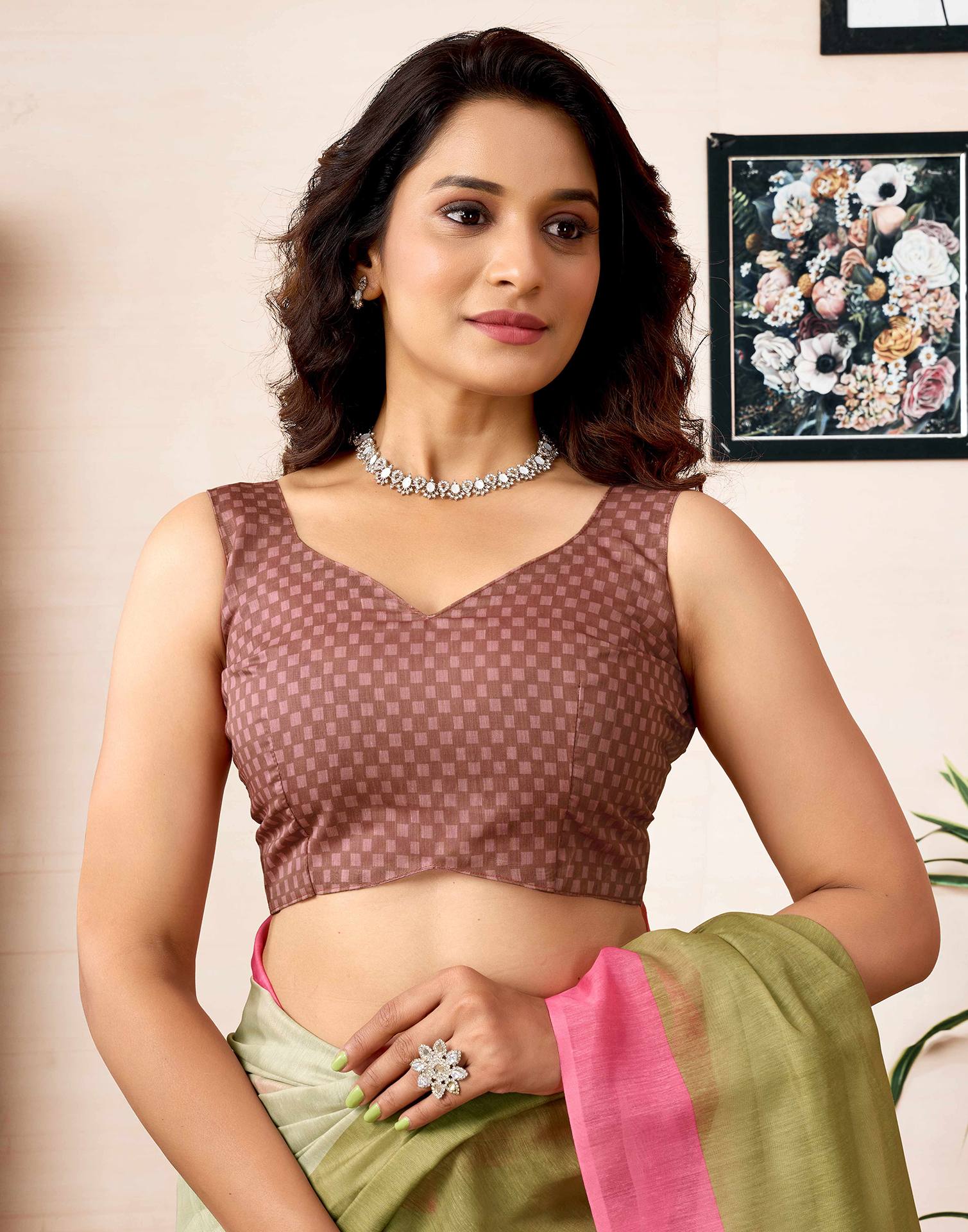Ready To Wear Green Chanderi Printed Saree With Pocket - Image 10