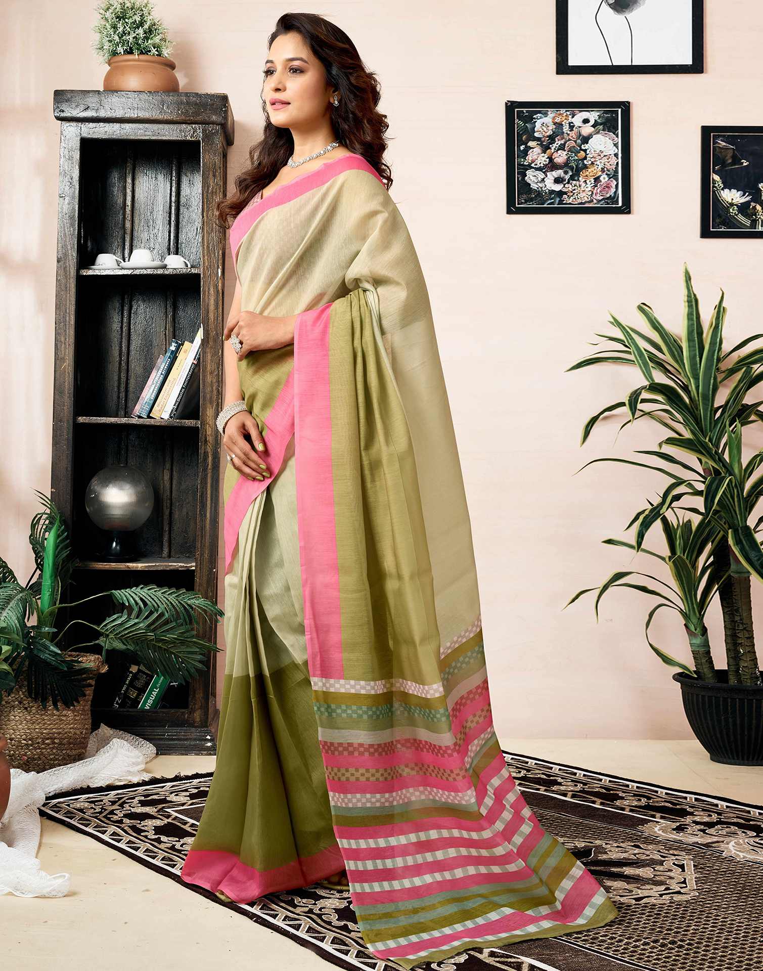 Ready To Wear Green Chanderi Printed Saree With Pocket - Image 9