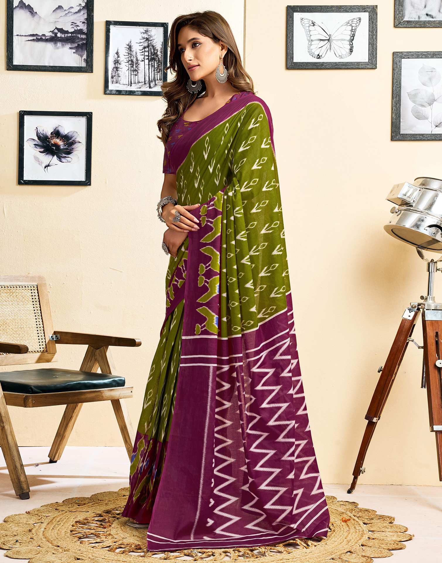Ready To Wear Green Cotton Ikkat Printed Saree - Image 5