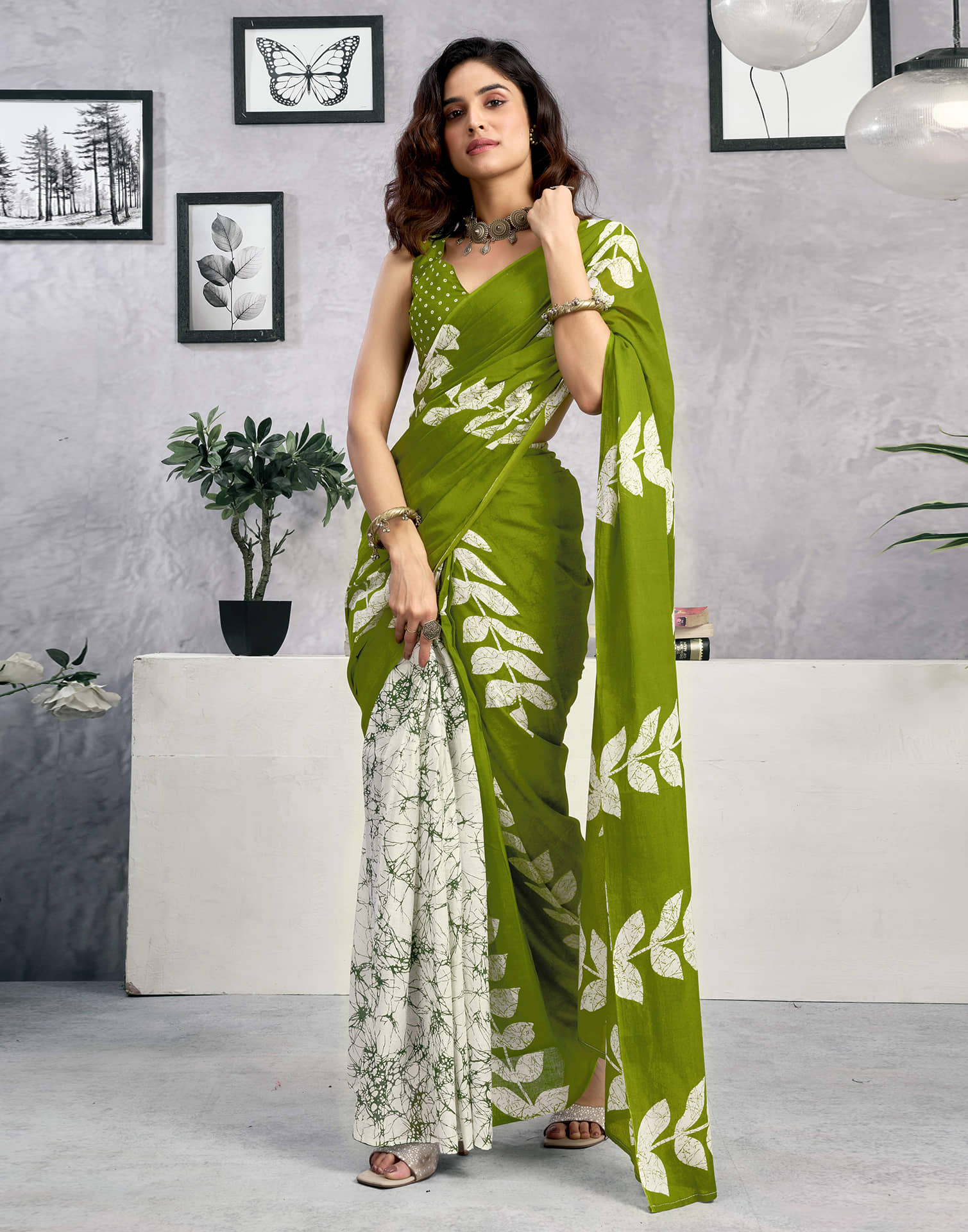 Ready To Wear Green Cotton Printed Saree - Image 6