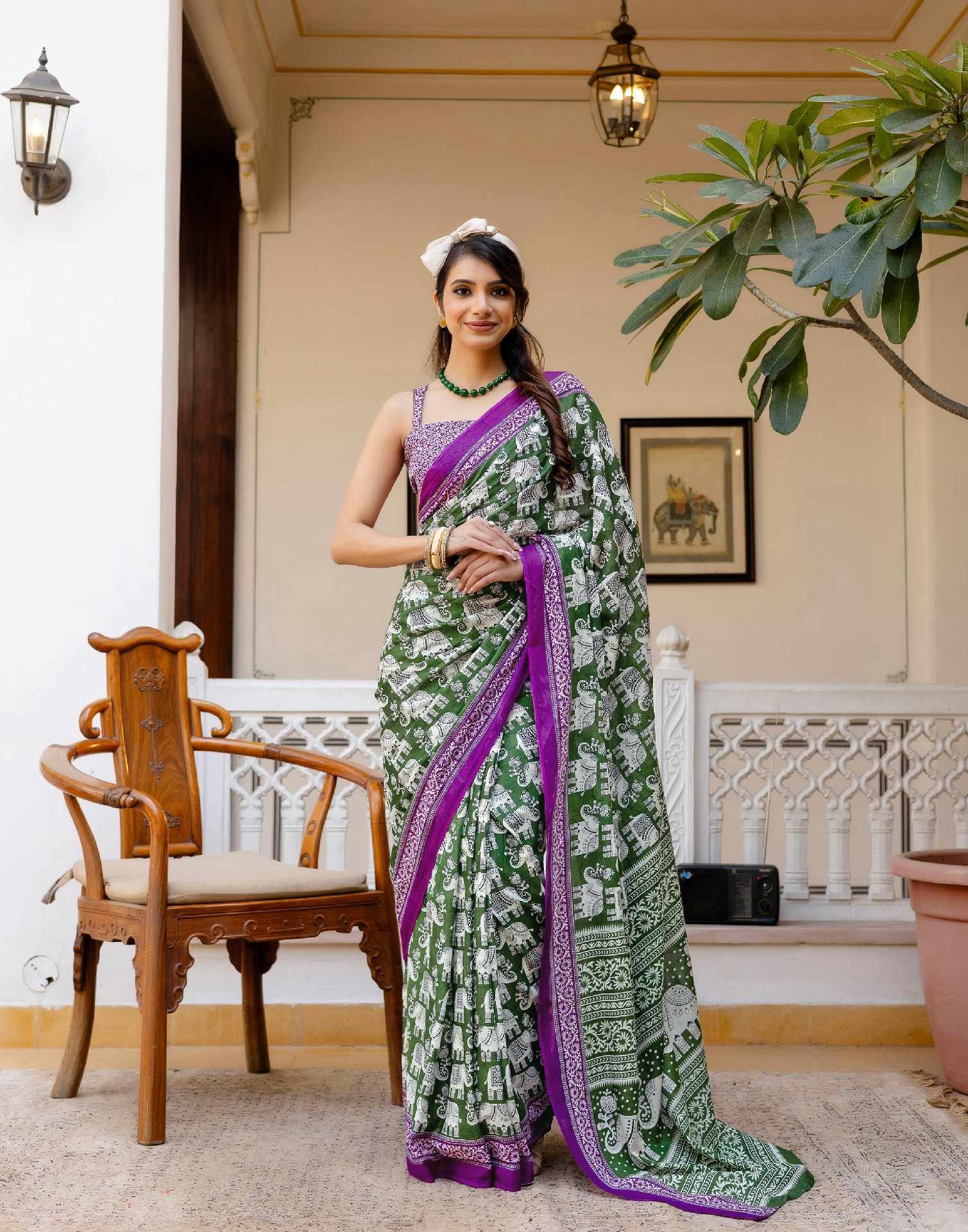 Ready To Wear Green Cotton Printed Saree
