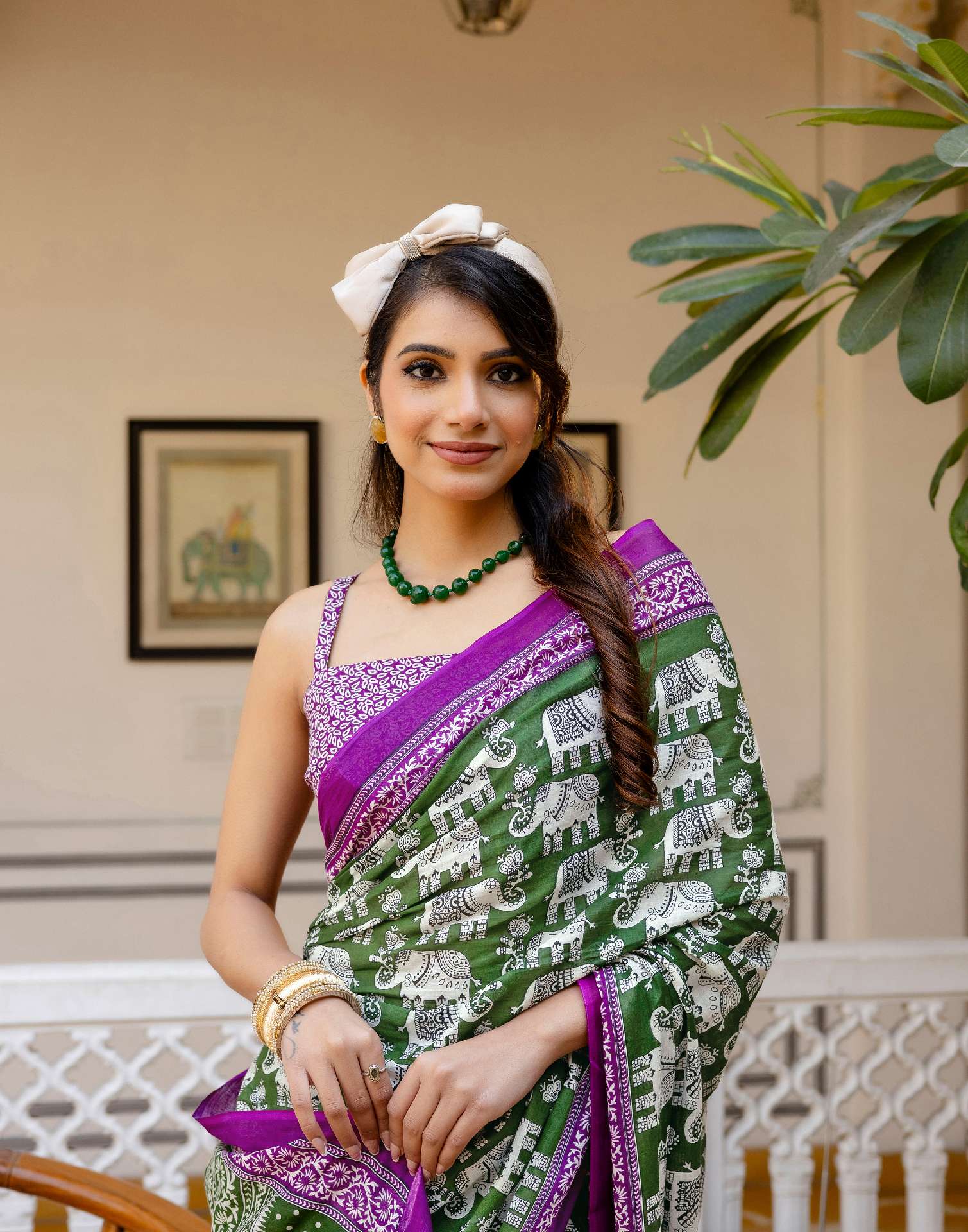 Ready To Wear Green Cotton Printed Saree - Image 5