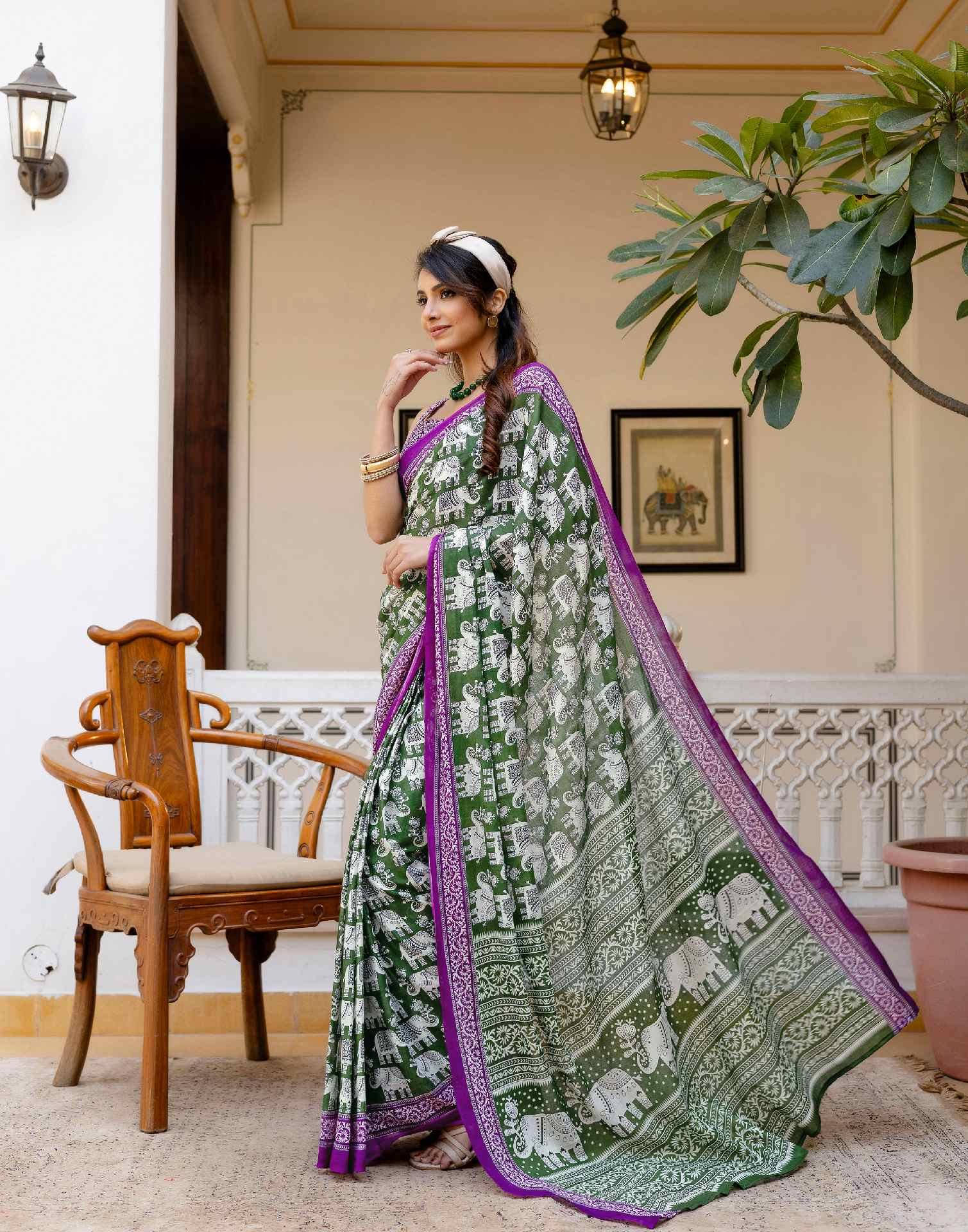 Ready To Wear Green Cotton Printed Saree - Image 6