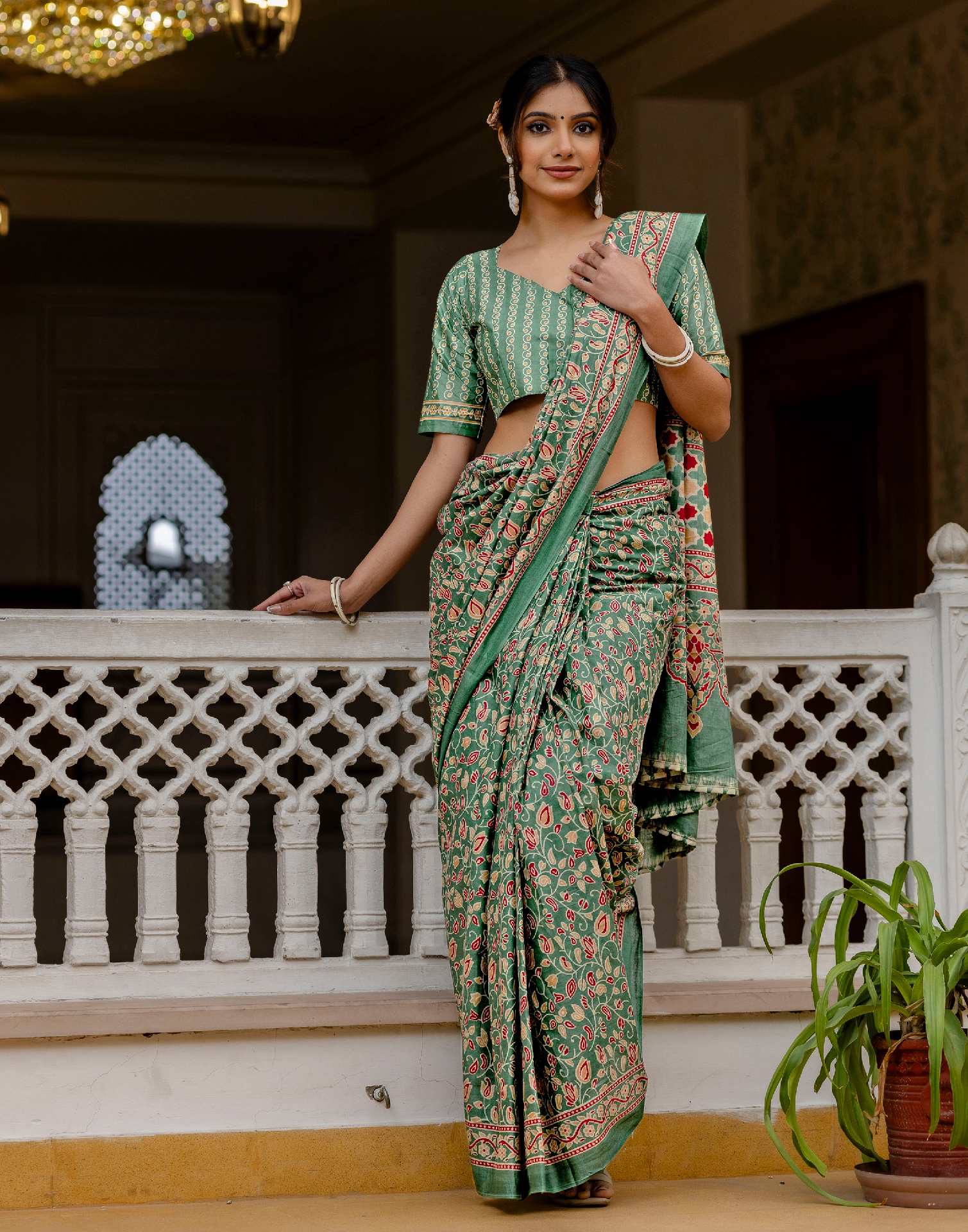 Ready To Wear Green Cotton Printed Saree - Image 10
