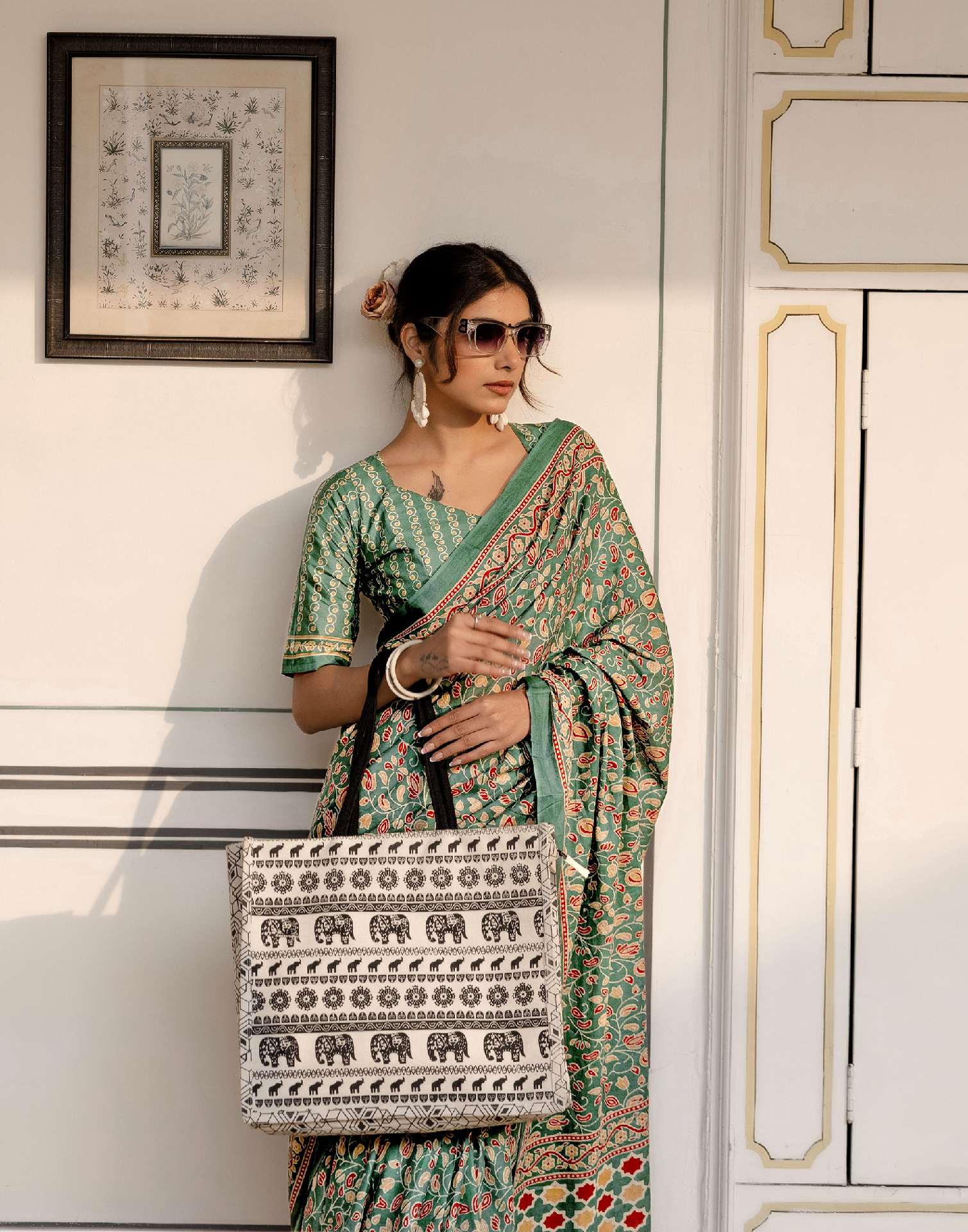 Ready To Wear Green Cotton Printed Saree - Image 11
