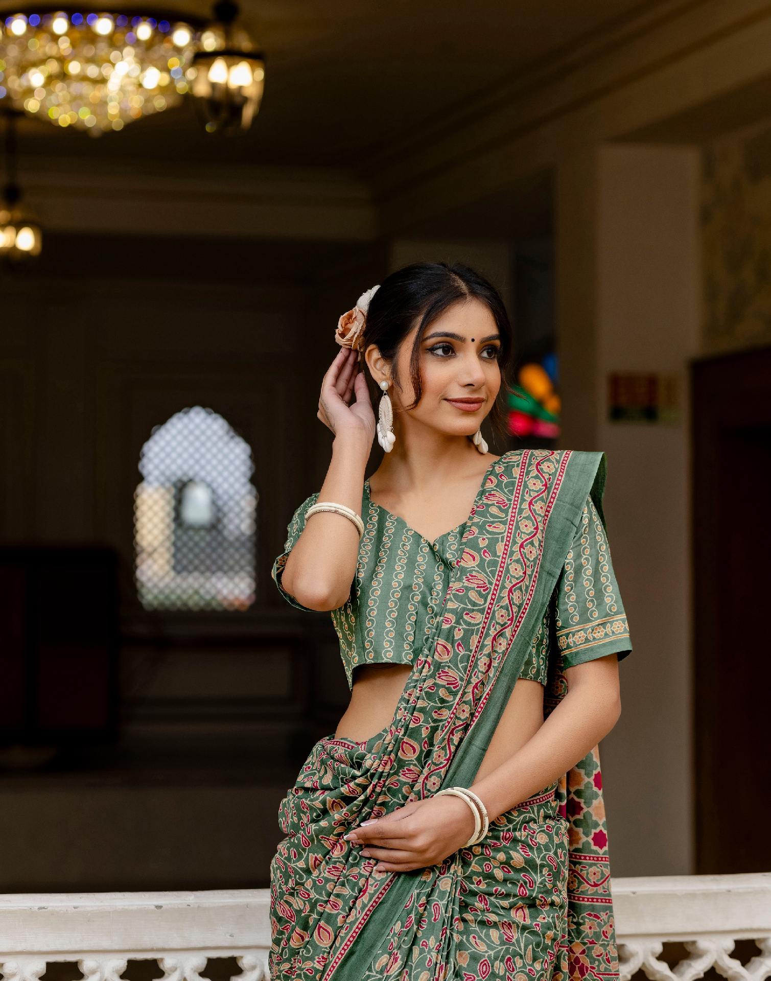 Ready To Wear Green Cotton Printed Saree - Image 4