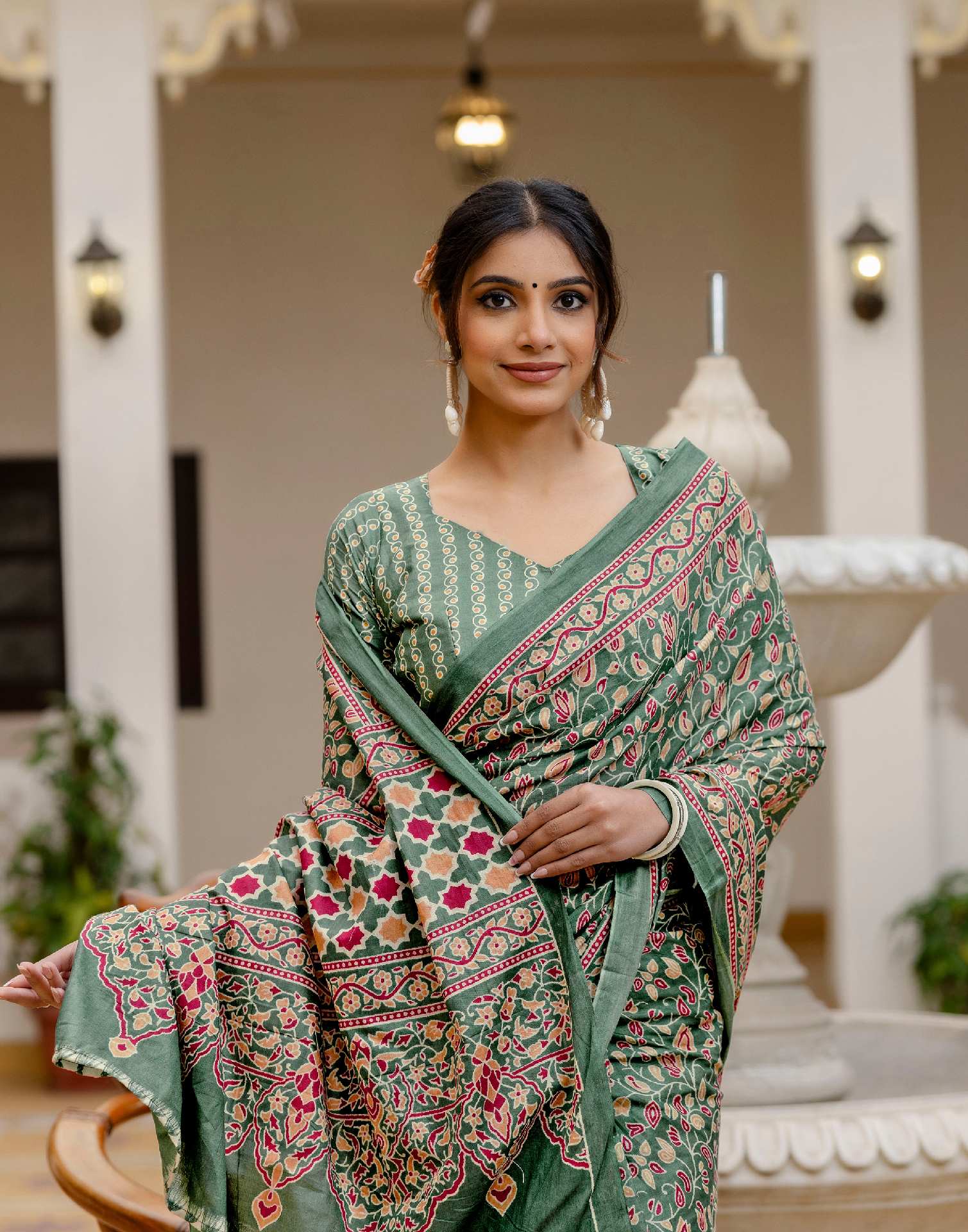 Ready To Wear Green Cotton Printed Saree - Image 5