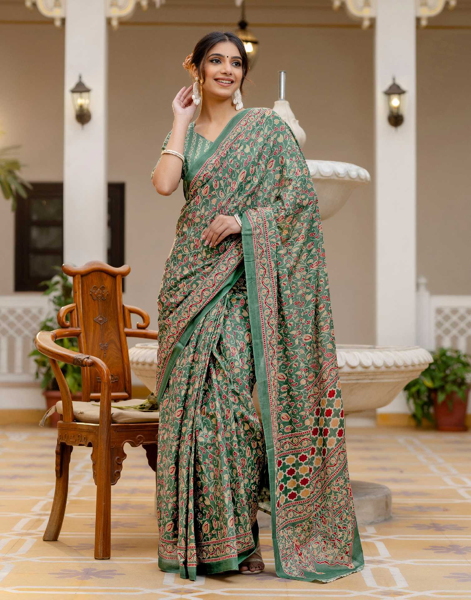 Ready To Wear Green Cotton Printed Saree - Image 7