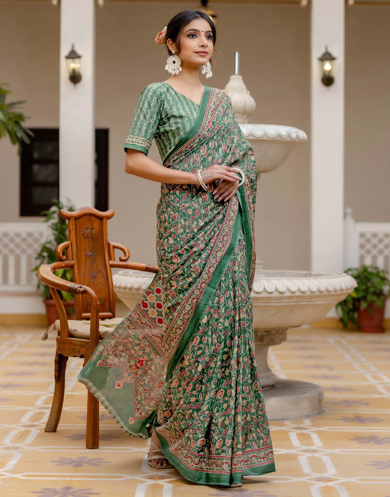 Ready To Wear Green Cotton Printed Saree - Image 9