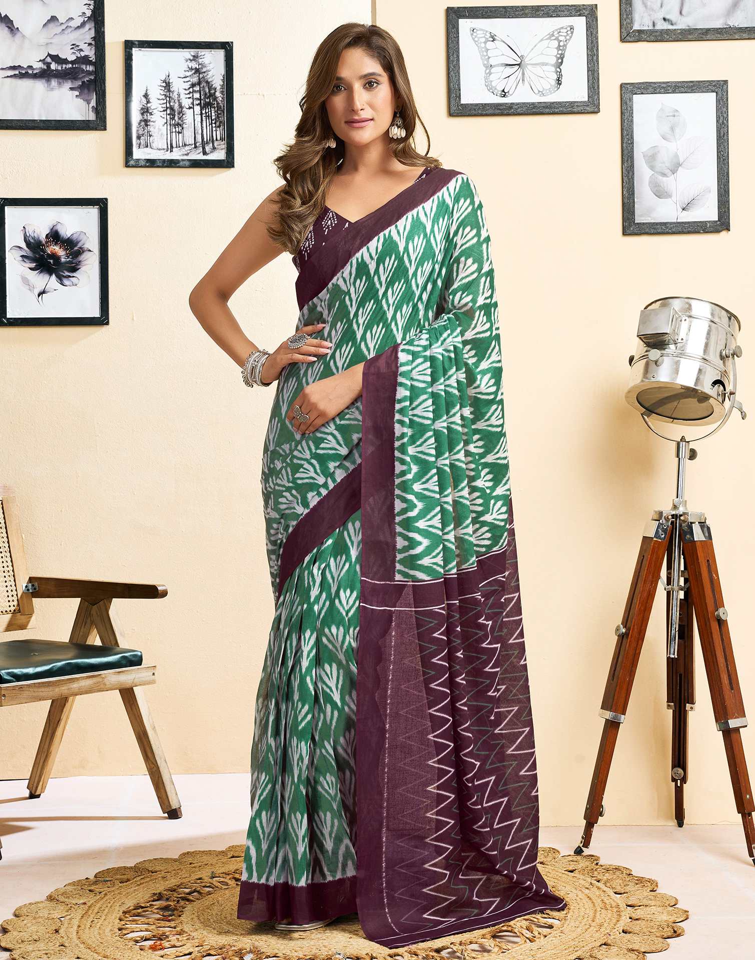Ready To Wear Green Cotton Printed Saree - Image 2
