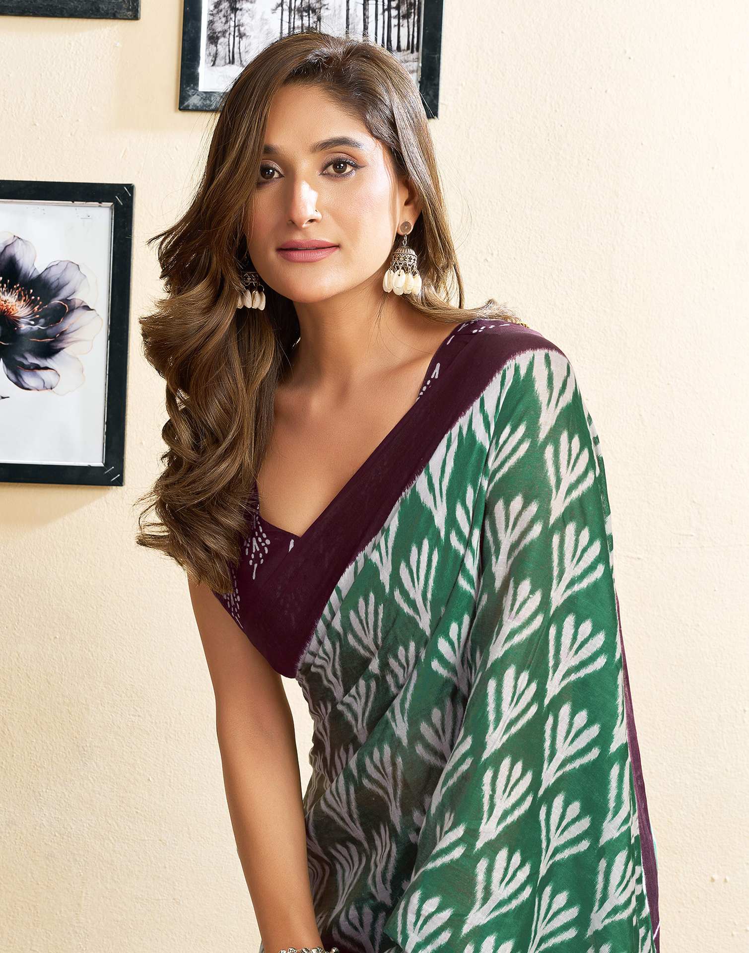 Ready To Wear Green Cotton Printed Saree - Image 4