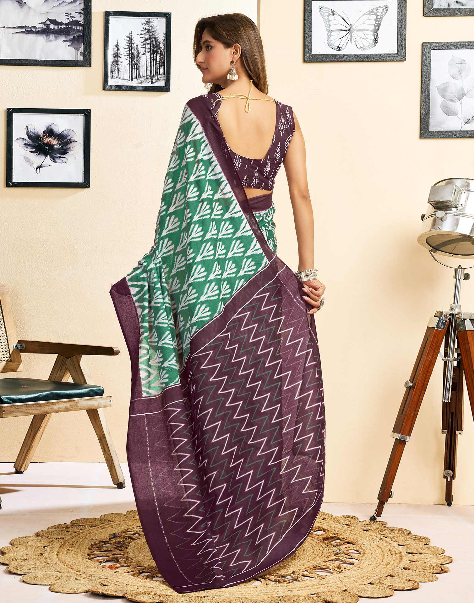 Ready To Wear Green Cotton Printed Saree - Image 7