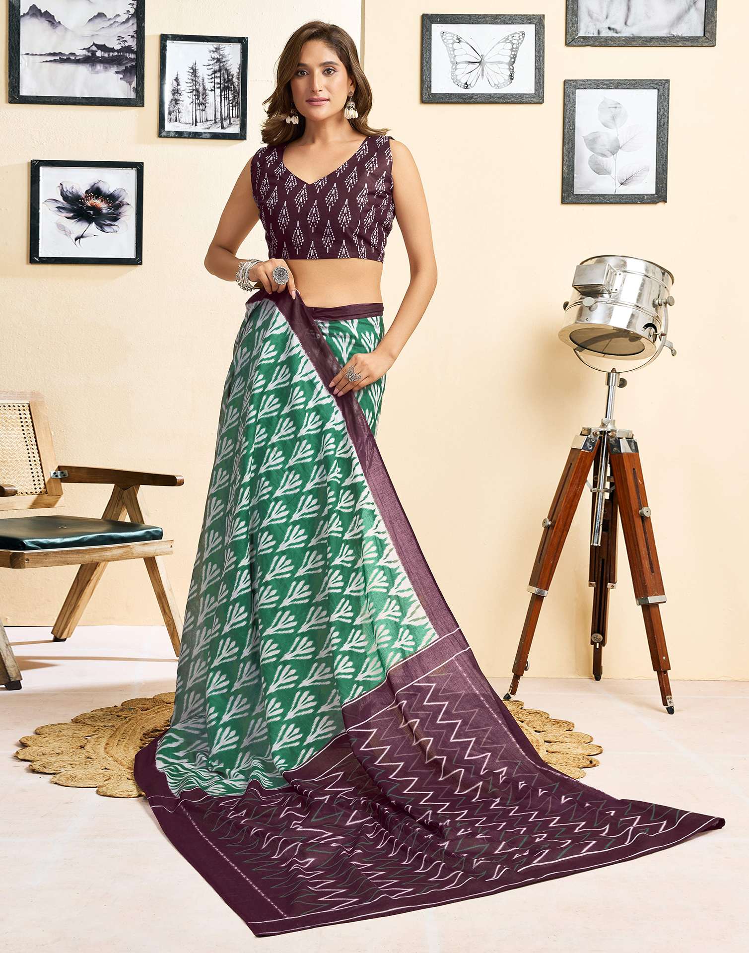 Ready To Wear Green Cotton Printed Saree - Image 8