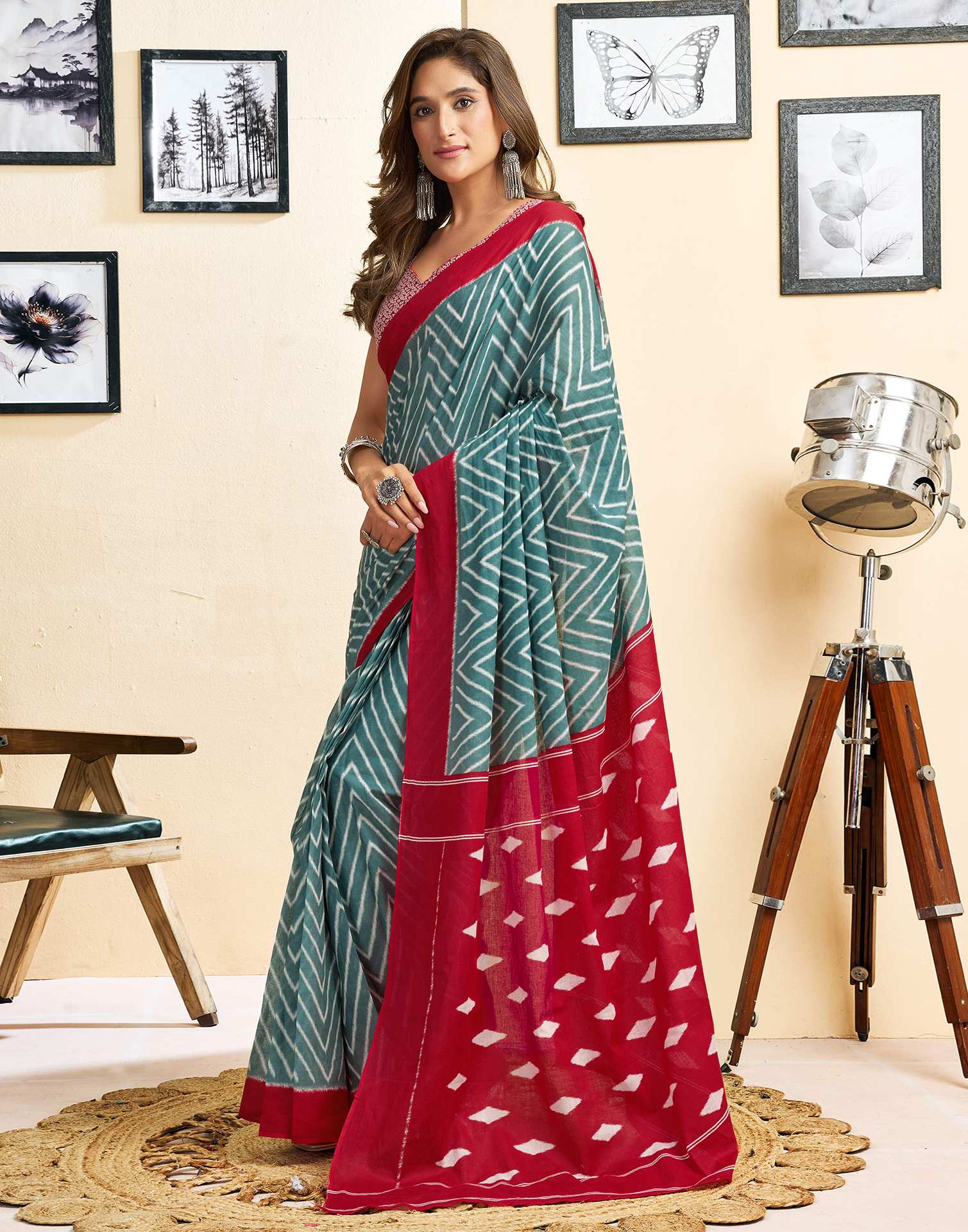 Ready To Wear Green Cotton Printed Saree - Image 5