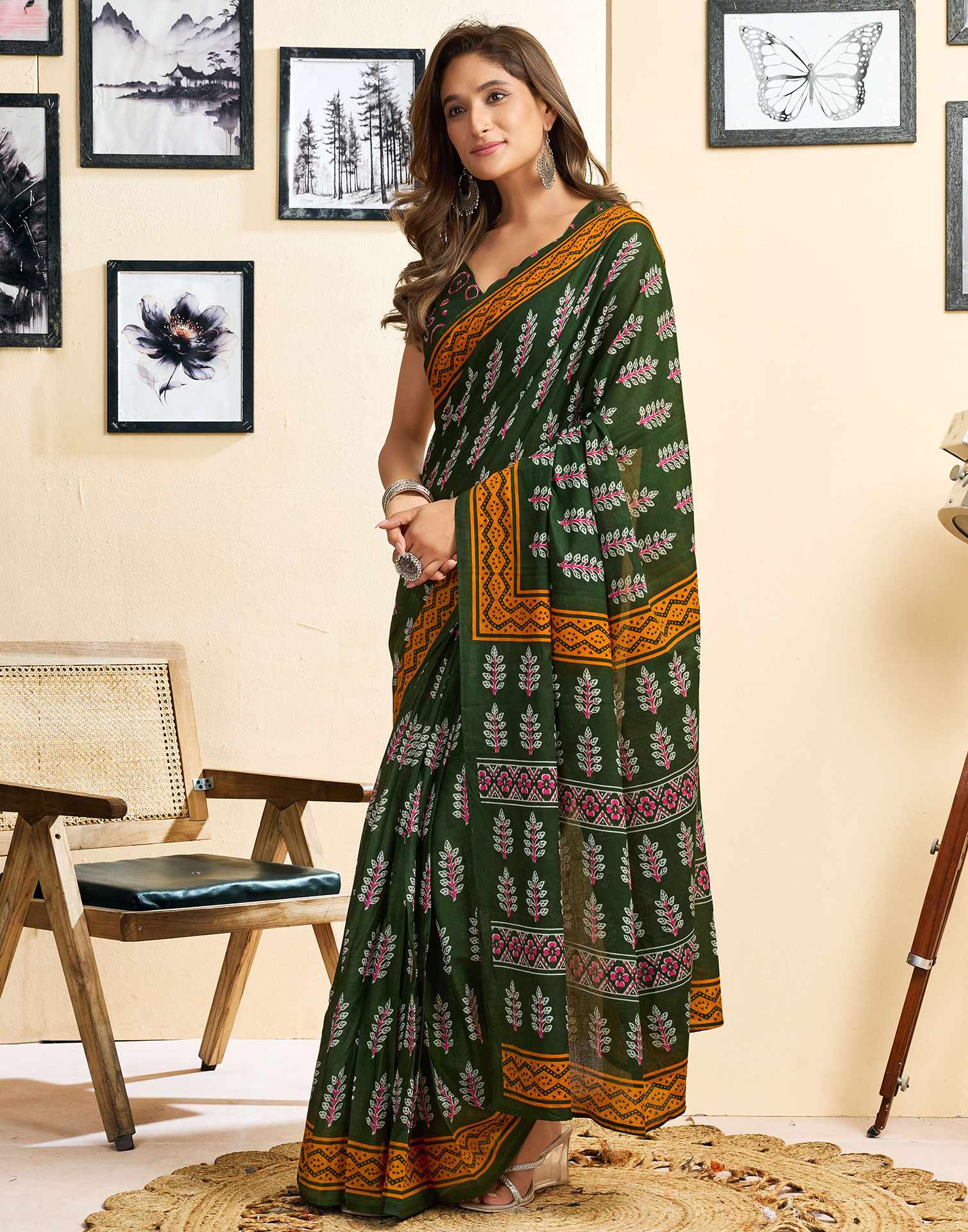 Ready To Wear Green Cotton Printed Saree - Image 5