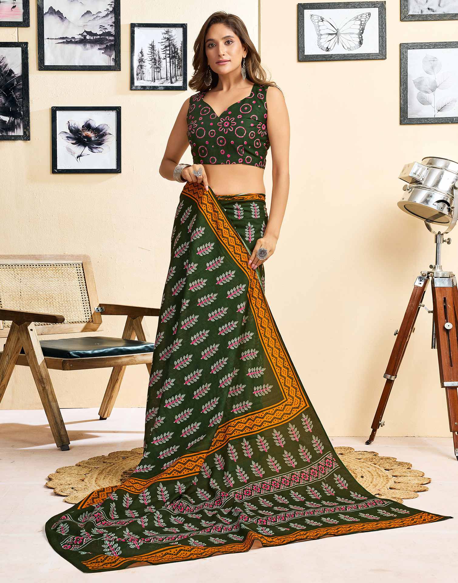Ready To Wear Green Cotton Printed Saree - Image 8