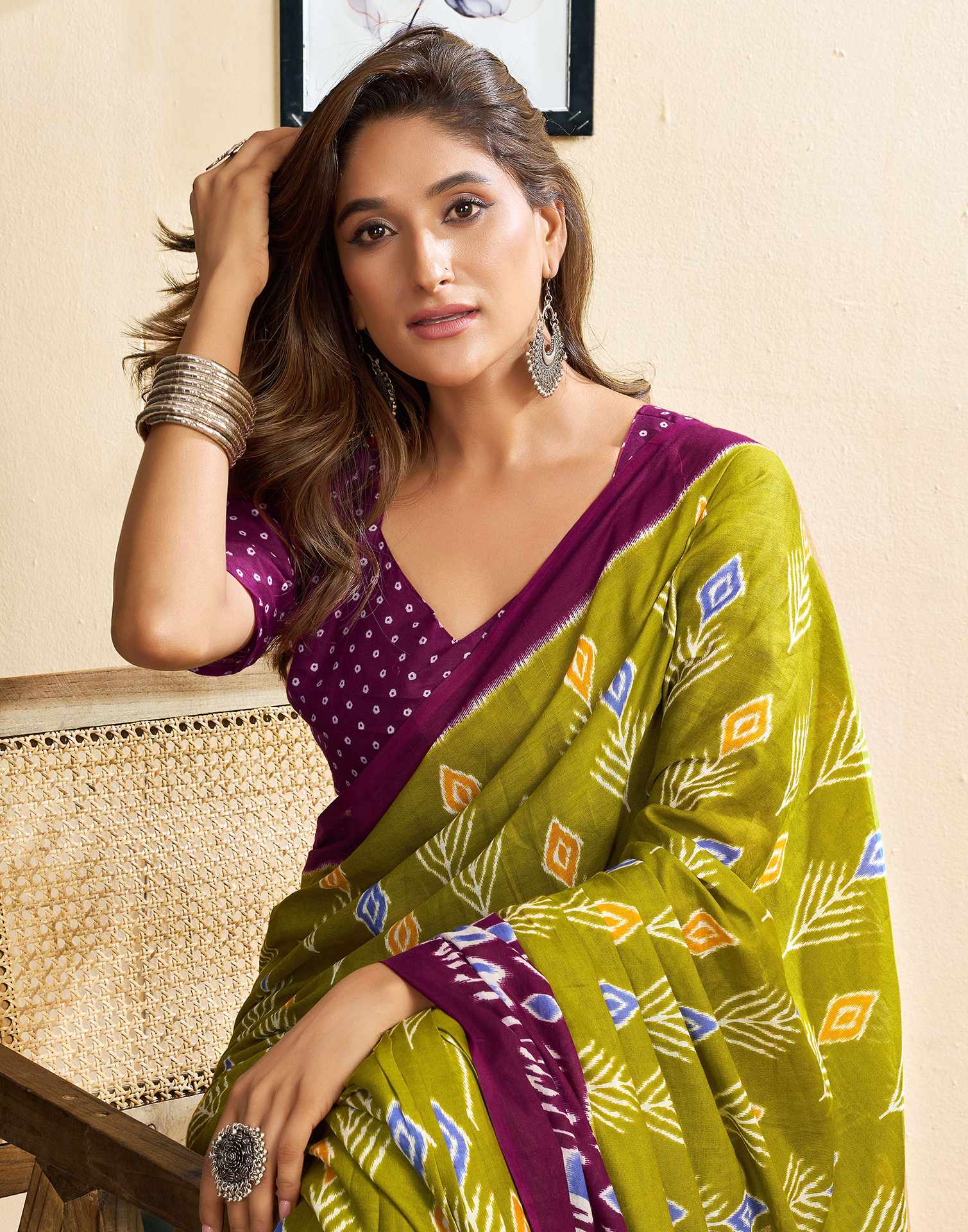 Ready To Wear Green Cotton Printed Saree - Image 5