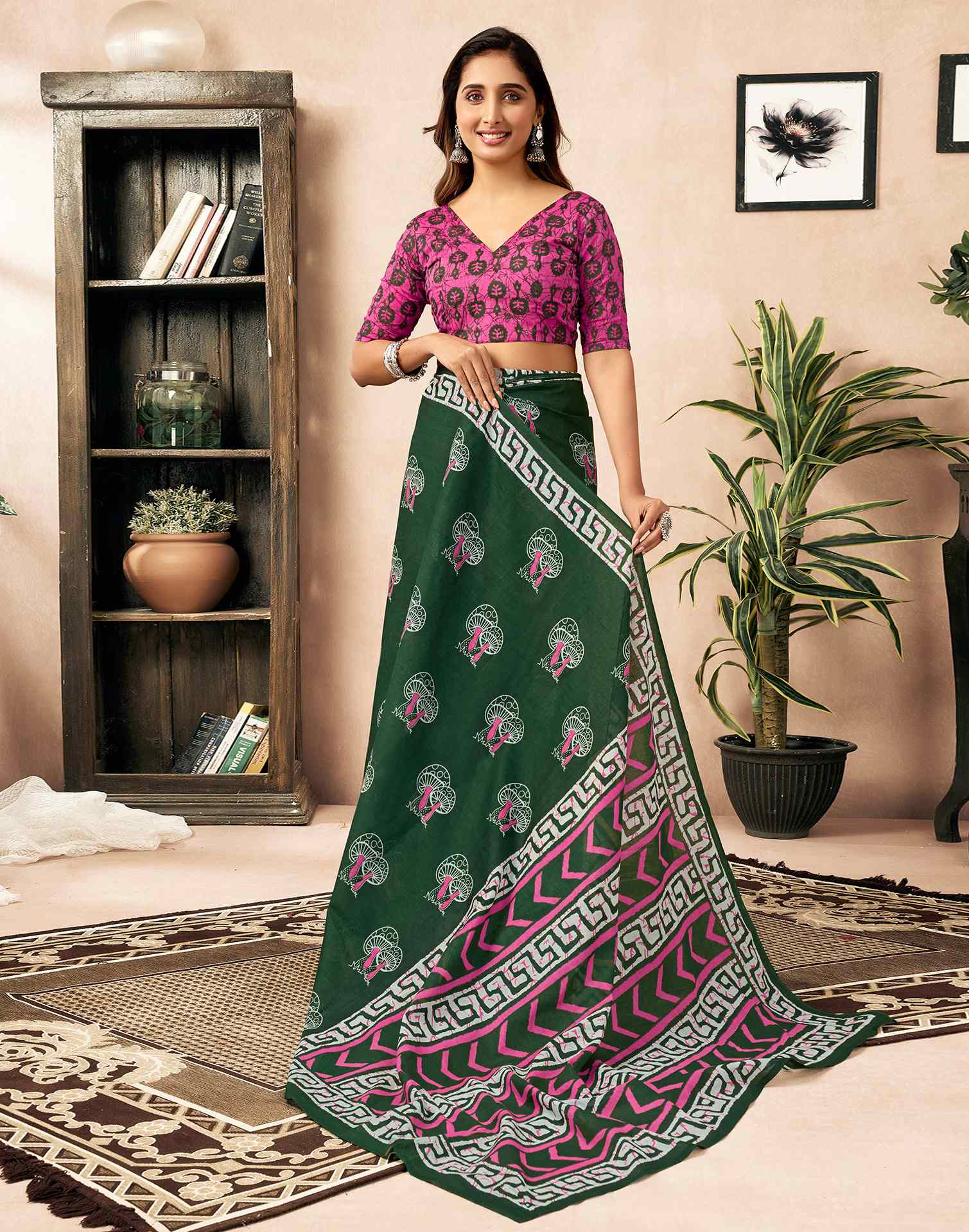 Ready To Wear Green Cotton Printed Saree With Pocket - Image 10