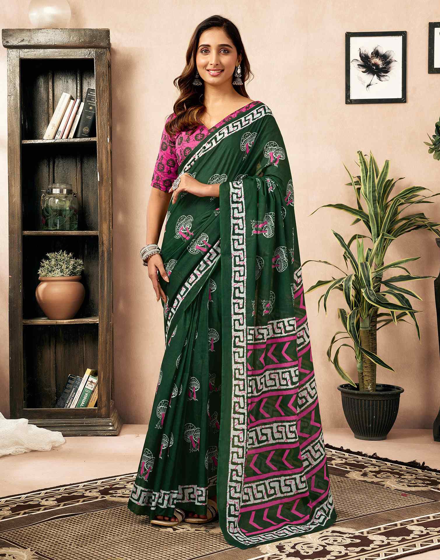 Ready To Wear Green Cotton Printed Saree With Pocket - Image 5