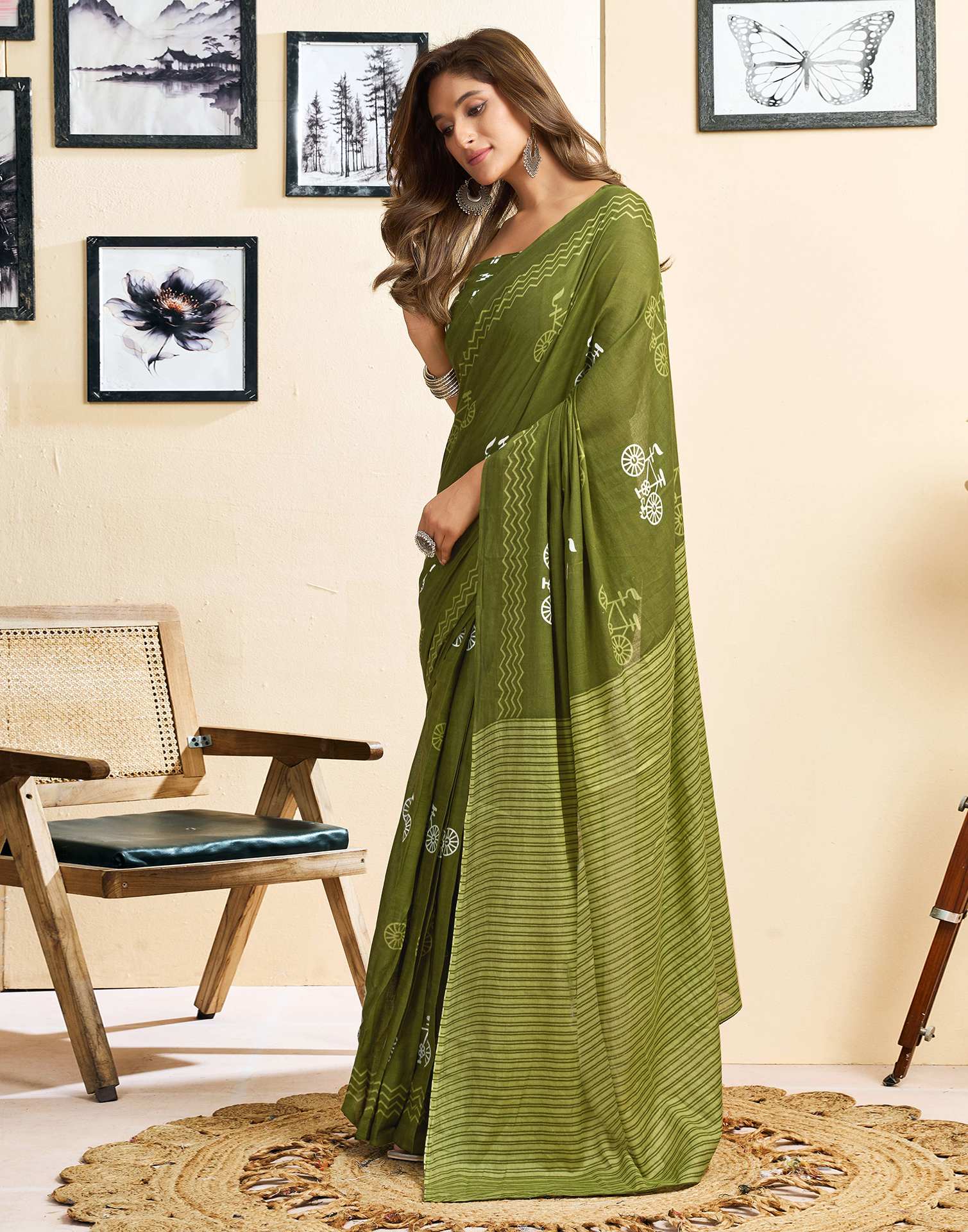 Ready To Wear Green Cotton Printed Saree With Pocket - Image 8