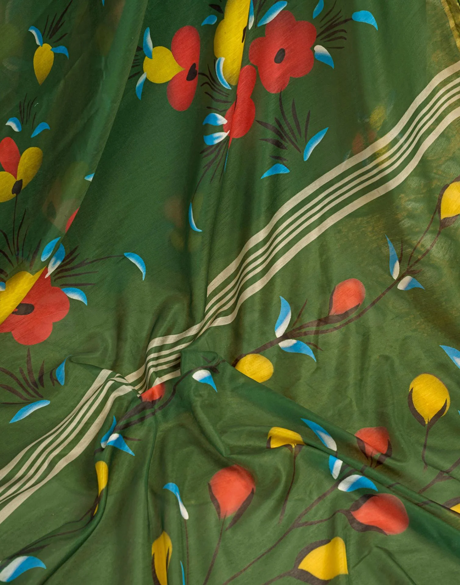 Ready To Wear Green Linen Floral Printed Saree - Image 10